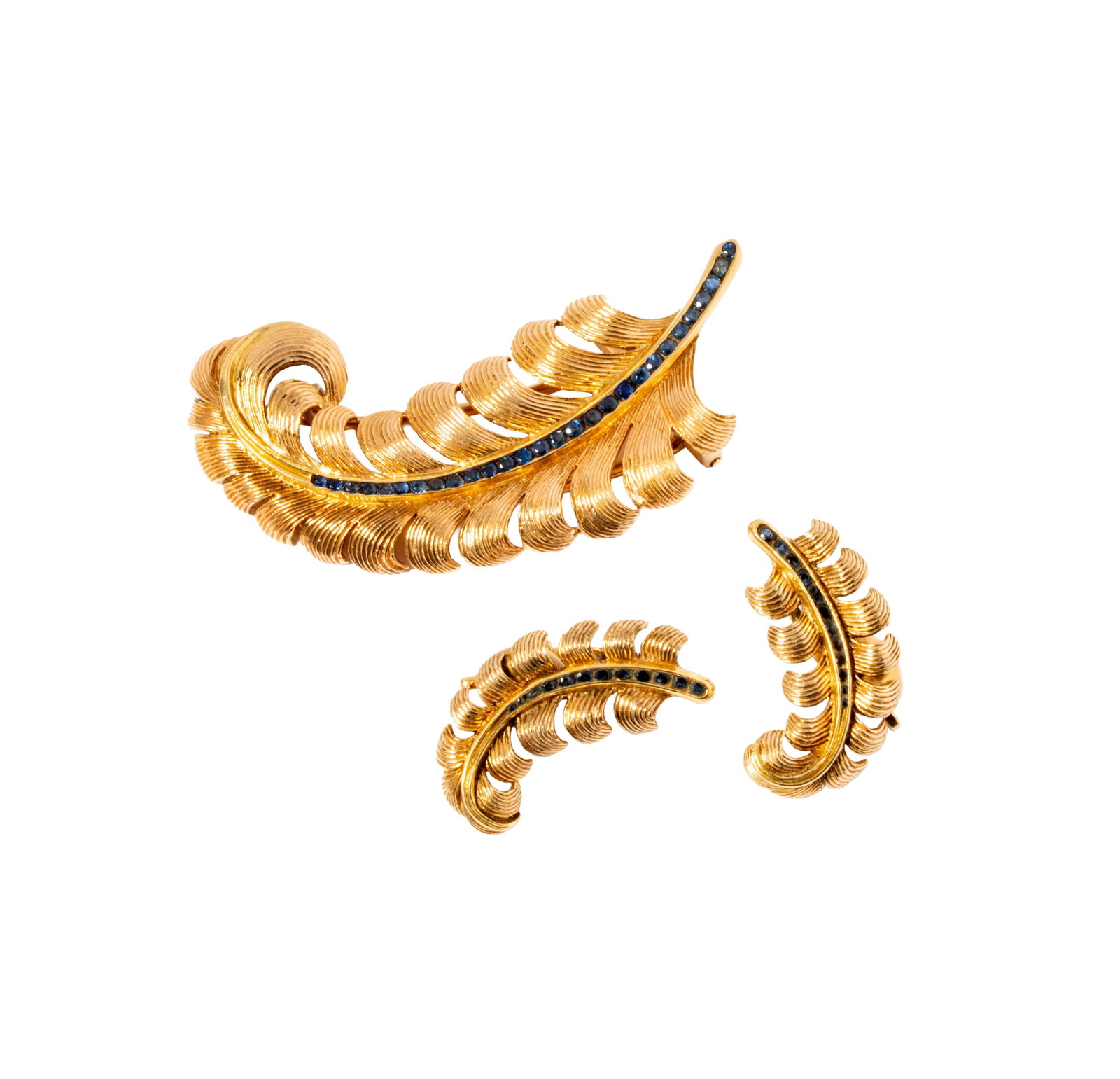 14 Karat Yellow Gold, Sapphire Feather Earrings with Matching Brooch: Including one pair of 14 karat yellow gold and sapphire earrings with brooch, suite set with 52 small full-cut sapphires weighing approximately 0.95 carats total; earrings measuring 1-1/4 inches tall,