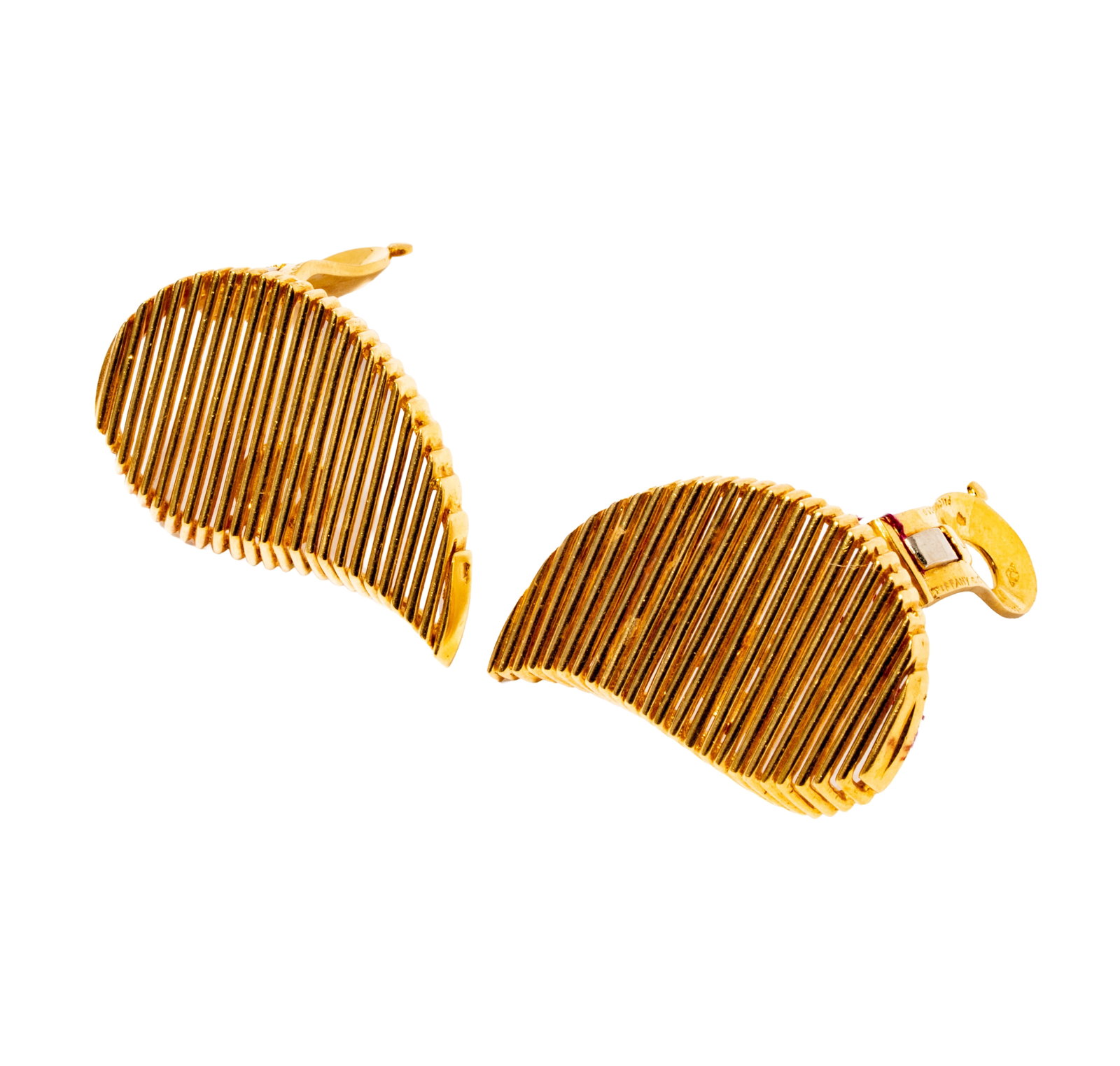 Paloma Picasso for Tiffany and Co. 18 Karat Yellow Gold Ribbed Earrings: Including one pair of Paloma Picasso for Tiffany and Co. 18 karat yellow gold ribbed leaf earrings; earrings measuring 1-1/4 inches tall, weighing 23.2 grams; From the Estate of Judith Katz, by way of