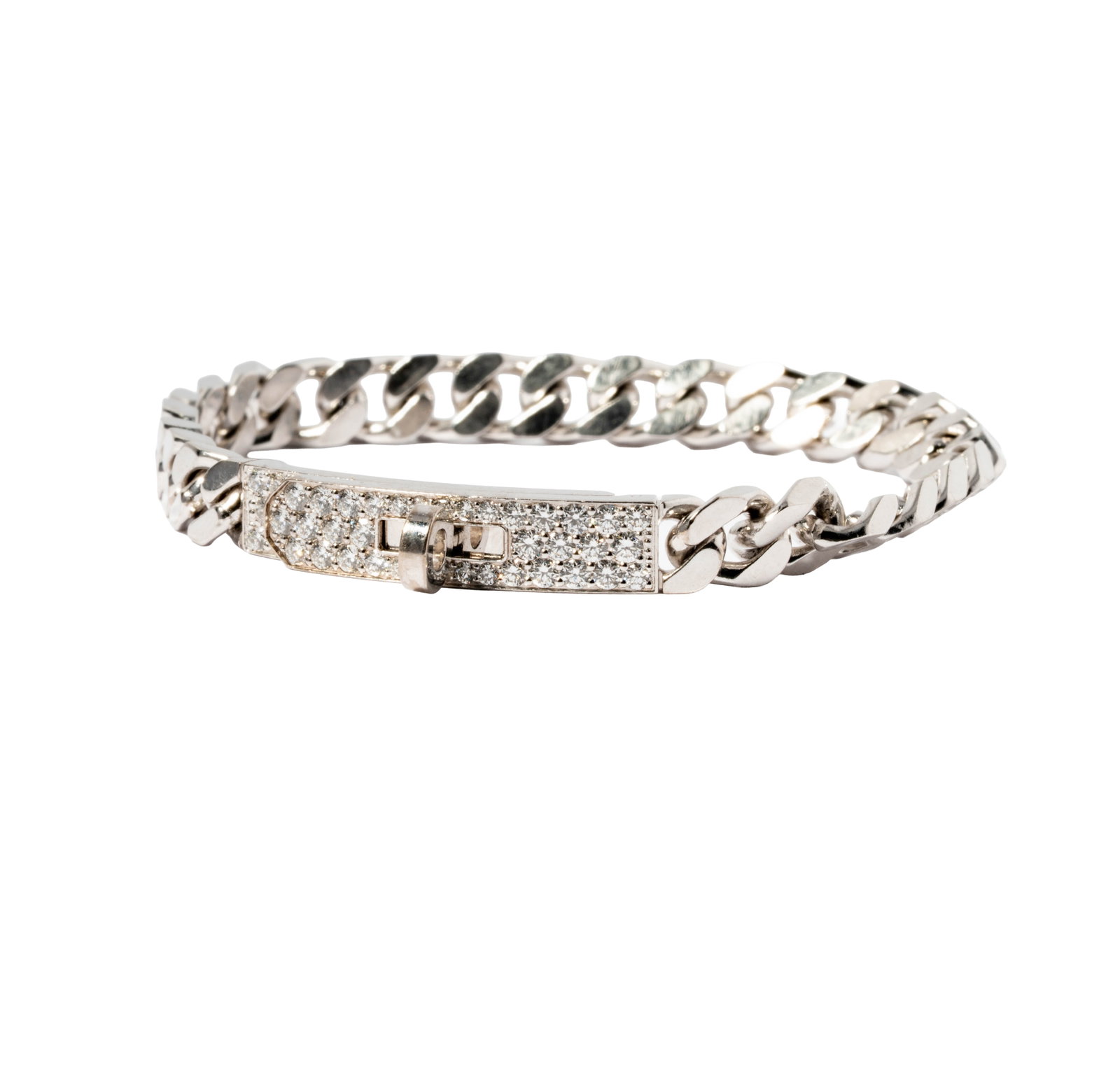 Hermes 18 Karat White Gold & Diamond 'Kelly Gourmette' Bracelet: Including one Hermes cuban link, lock diamond bracelet set with 38 small round diamonds [E-G/VVS1] weighing approximately 0.95 carats total; measuring 6 inches long by 1/8 inches wide, weighing 27.2 g