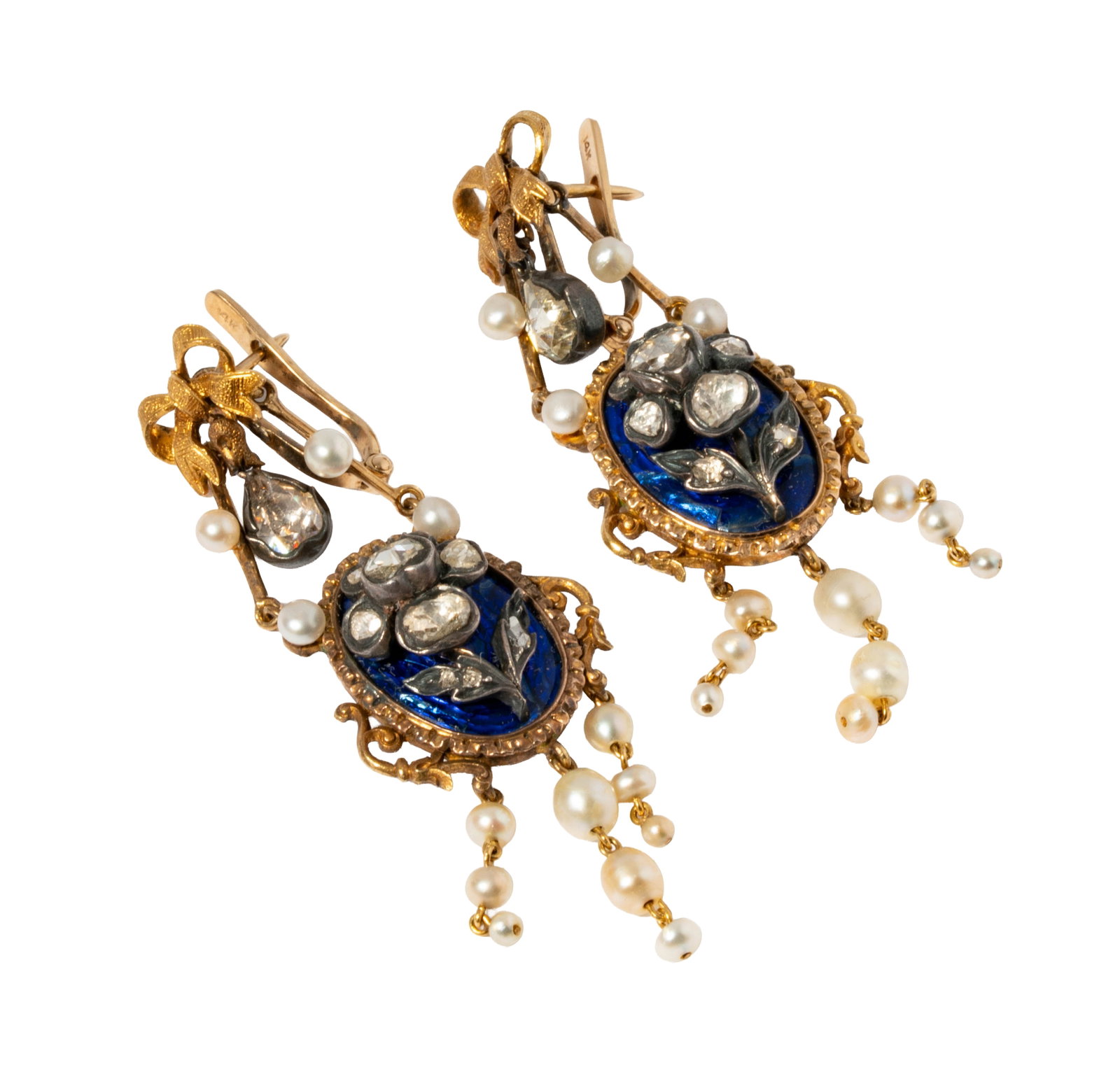 Yellow Gold, Silver, Diamond, and Pearl Enamel Flower Earrings (1 of 8)