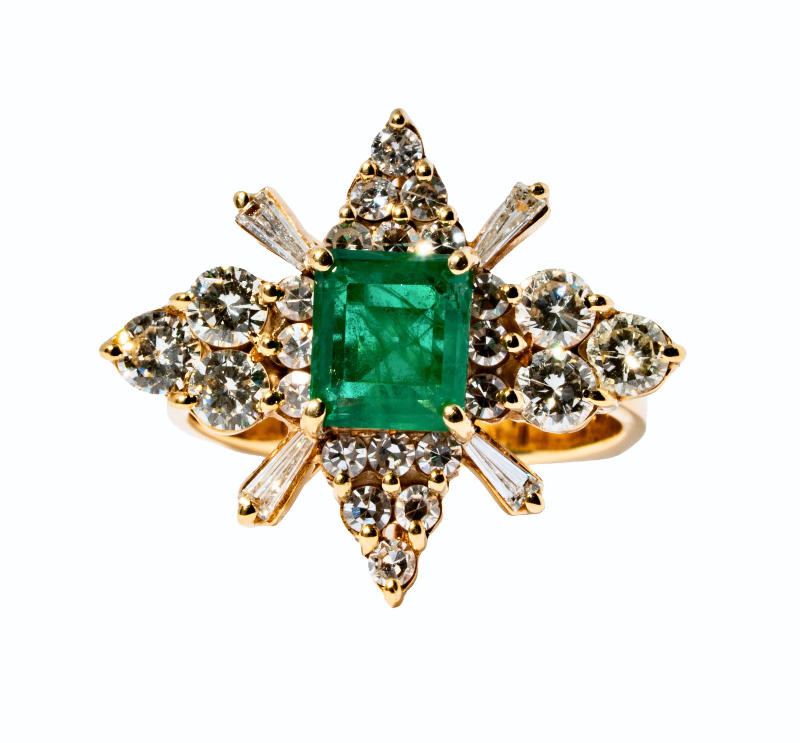 14 Karat Yellow Gold Diamond and Emerald Ring: Including one 14 karat yellow gold emerald and diamond ring, centering one step-cut emerald weighing approximately 1.40 carats, and accented with 27 mixed-cut diamonds [I-J/SI], weighing approximately