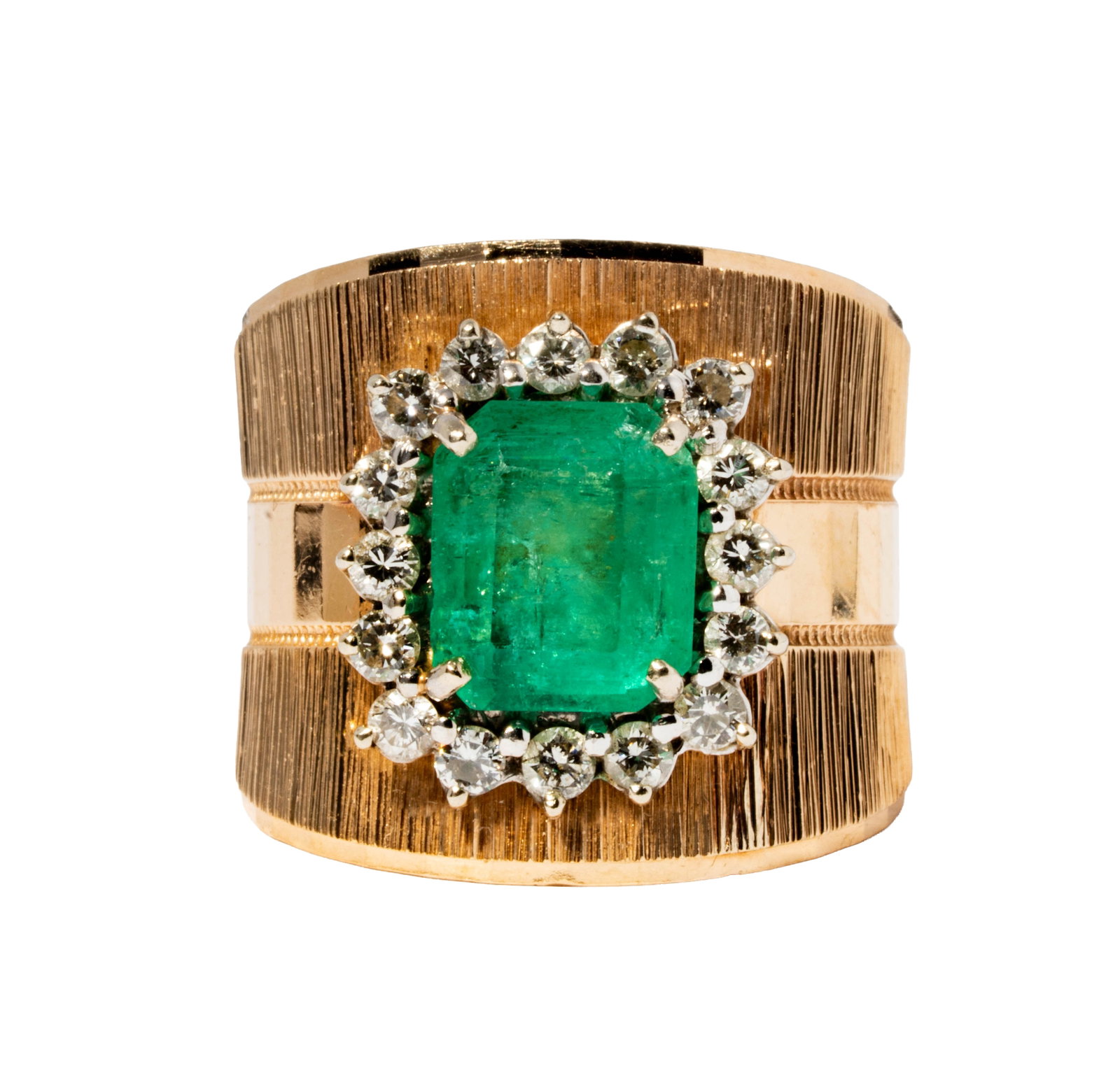 Fredrick Goldman, 14 Karat Yellow Gold Diamond and Emerald Ring: Including one Fredrick Goldman 14 karat yellow gold diamond and emerald ring, set with one step-cut emerald weighing approximately 2.60 carats, and with 16 small round diamonds [I-K/SI] weighing appro