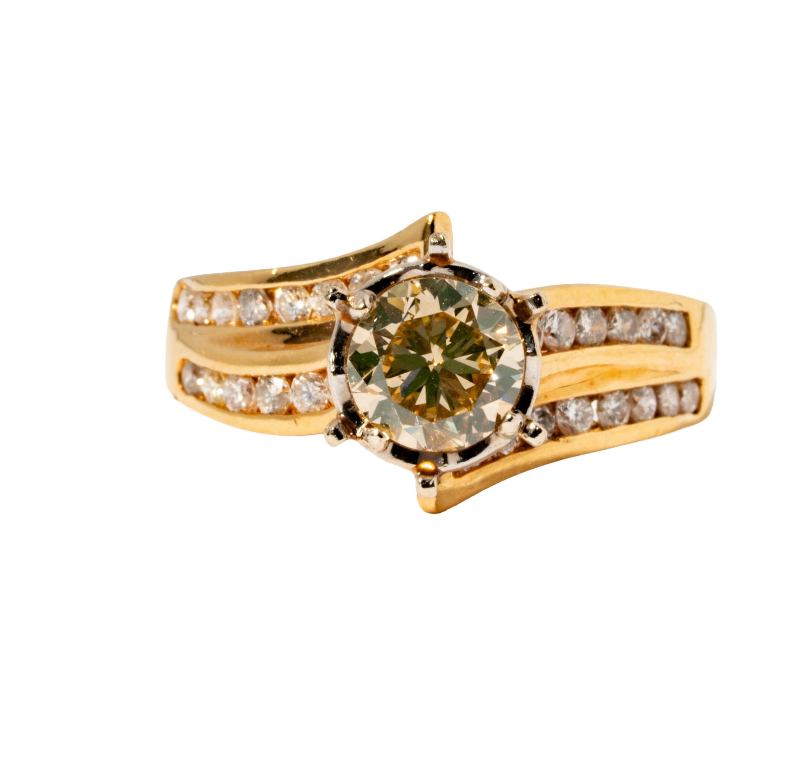 14 Karat Gold and Brown Diamond Ring: Including one 14 karat yellow gold diamond ring, centering one Light Brown Diamond [SI-2] weighing approximately 1.15 carats, and accented with 28 small round full-cut diamonds [H-J/SI] weighing appro