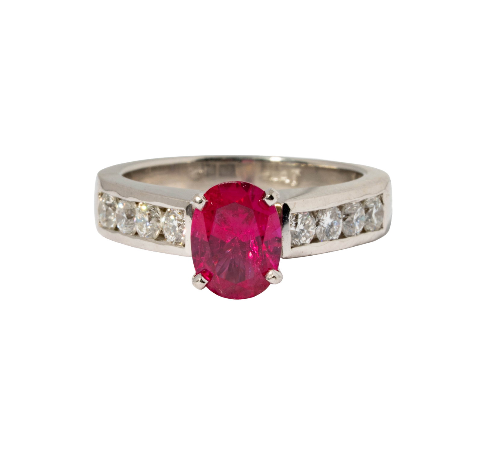 Platinum Diamond and Rubellite Tourmaline Ring: Including one platinum rubellite tourmaline and diamond ring, centering one oval-shape rubellite tourmaline weighing approximately 1.75 carats, eight round brilliant cut diamonds [H-I/VS] weighing 0.7