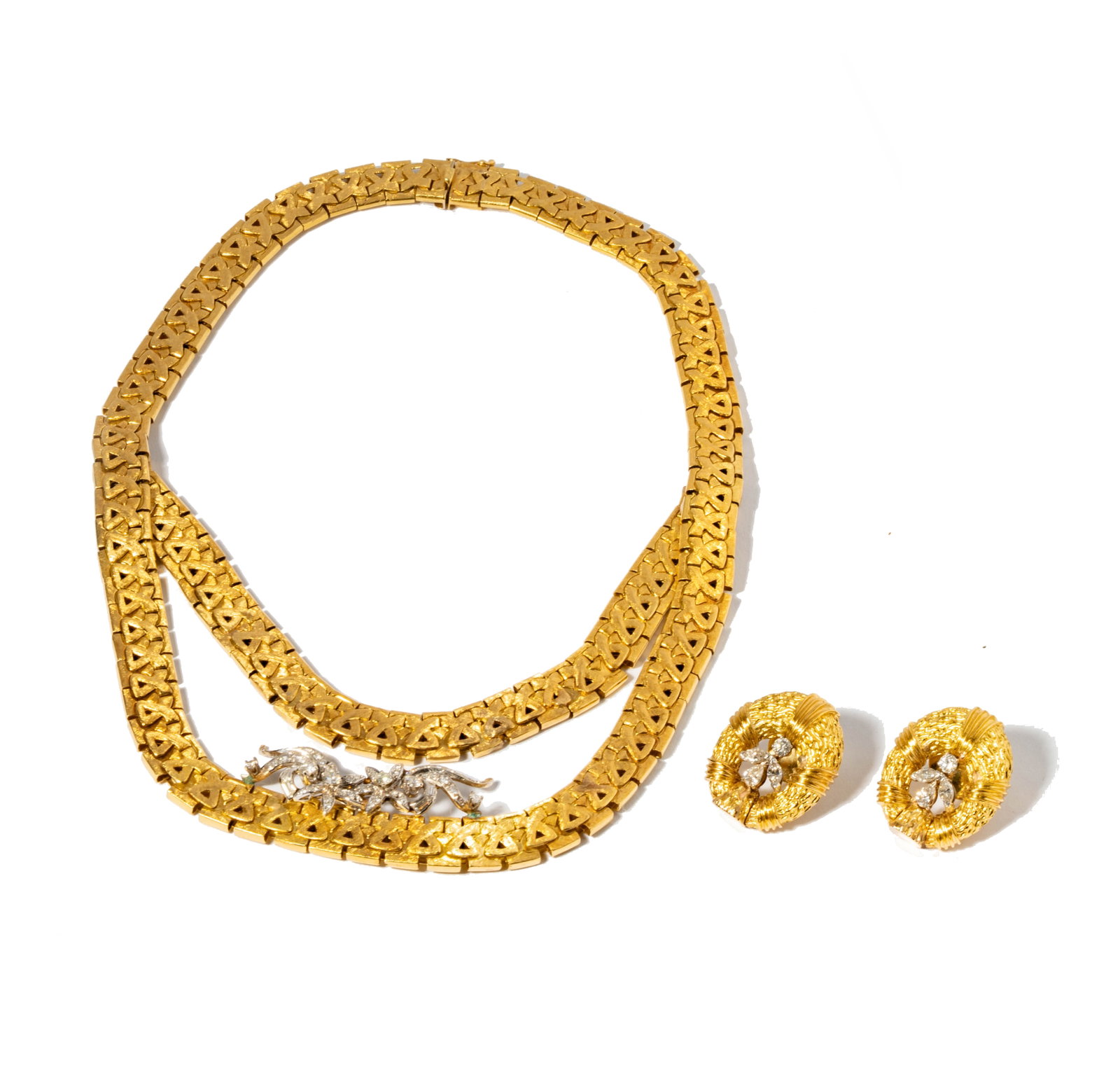 18 and 14 Karat Yellow Gold Diamond Necklace and Earrings (1 of 10)