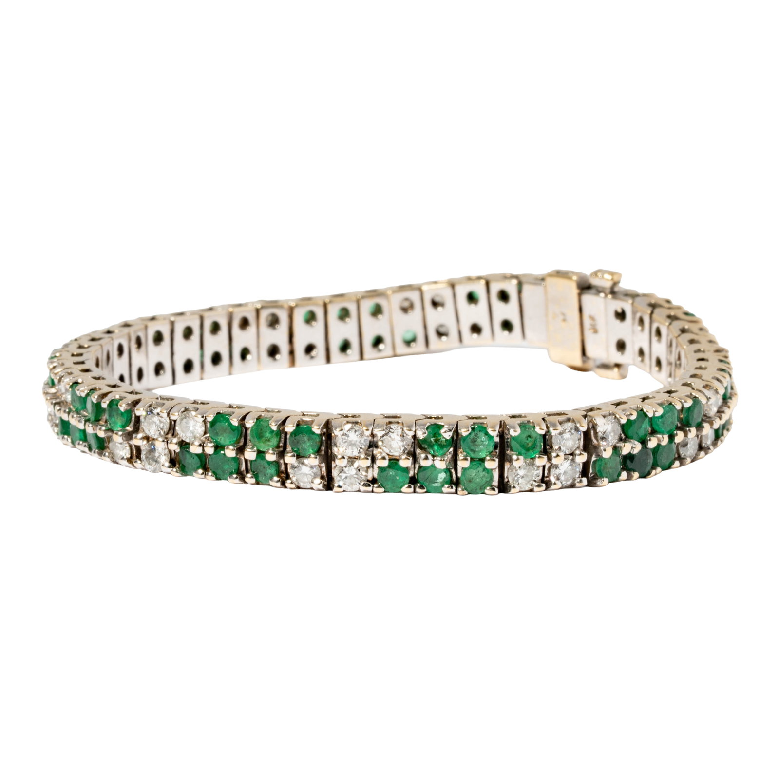 14 Karat Gold Diamond and Emerald Bracelet: Including one 14 karat gold diamond and emerald bracelet, set with 41 round diamonds [G-H/SI] weighing approximately 3.00 carats, and 59 small round emeralds weighing approximately 2.65 carats; bracel