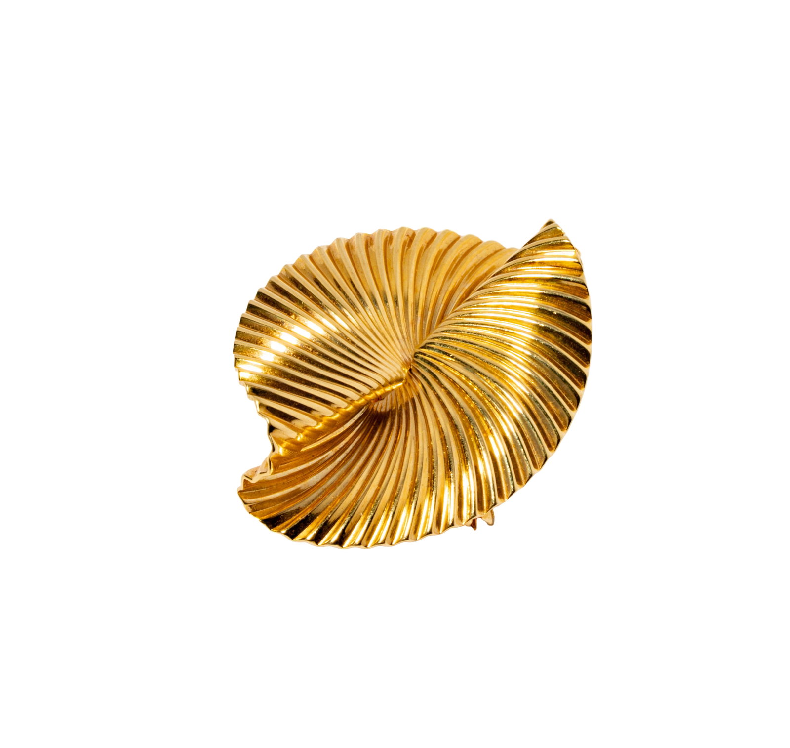 Tiffany and Co. 14 Karat Yellow Gold Ribbed Brooch: Including one Tiffany & Co.14 karat yellow gold swirl fan brooch measuring 1-1/5 inches tall, weighing 8.3 grams;