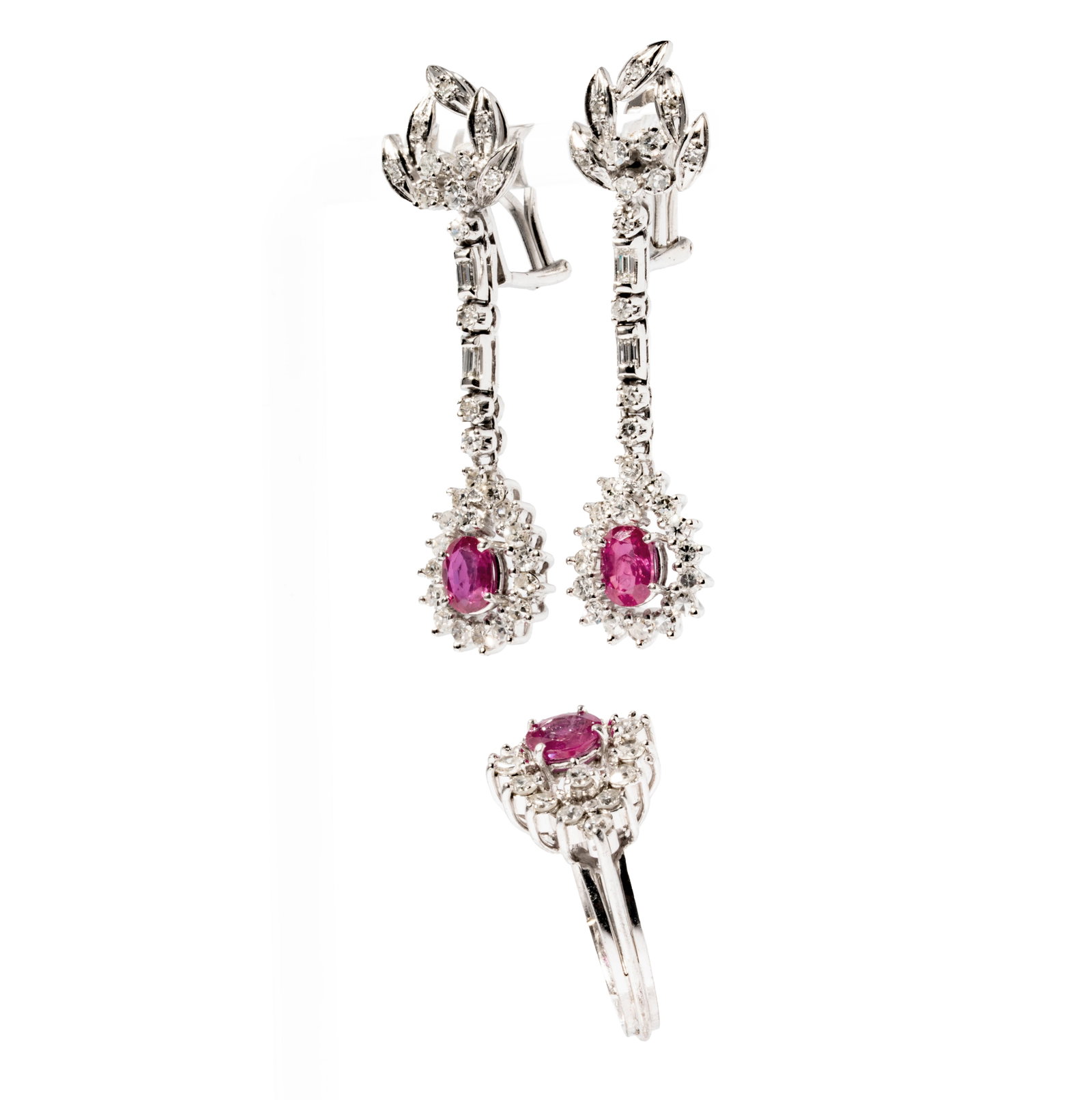 Platinum, White Gold, Diamond, Ruby Earrings and Ring: Including one pair of white gold diamond and ruby earrings, and ring; one pair of earrings set with 74 diamonds [H-I/SI3-I] weighing approximately 1.60 carats total, and two small oval rubies weighing
