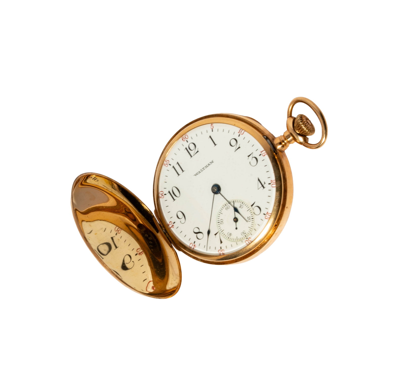 Waltham, 14 Karat Yellow Gold Pocket Watch: Including one Waltham 14 karat yellow gold pocket watch; measuring 2-1/2 inches tall including bale, weighing 84 grams including movement;