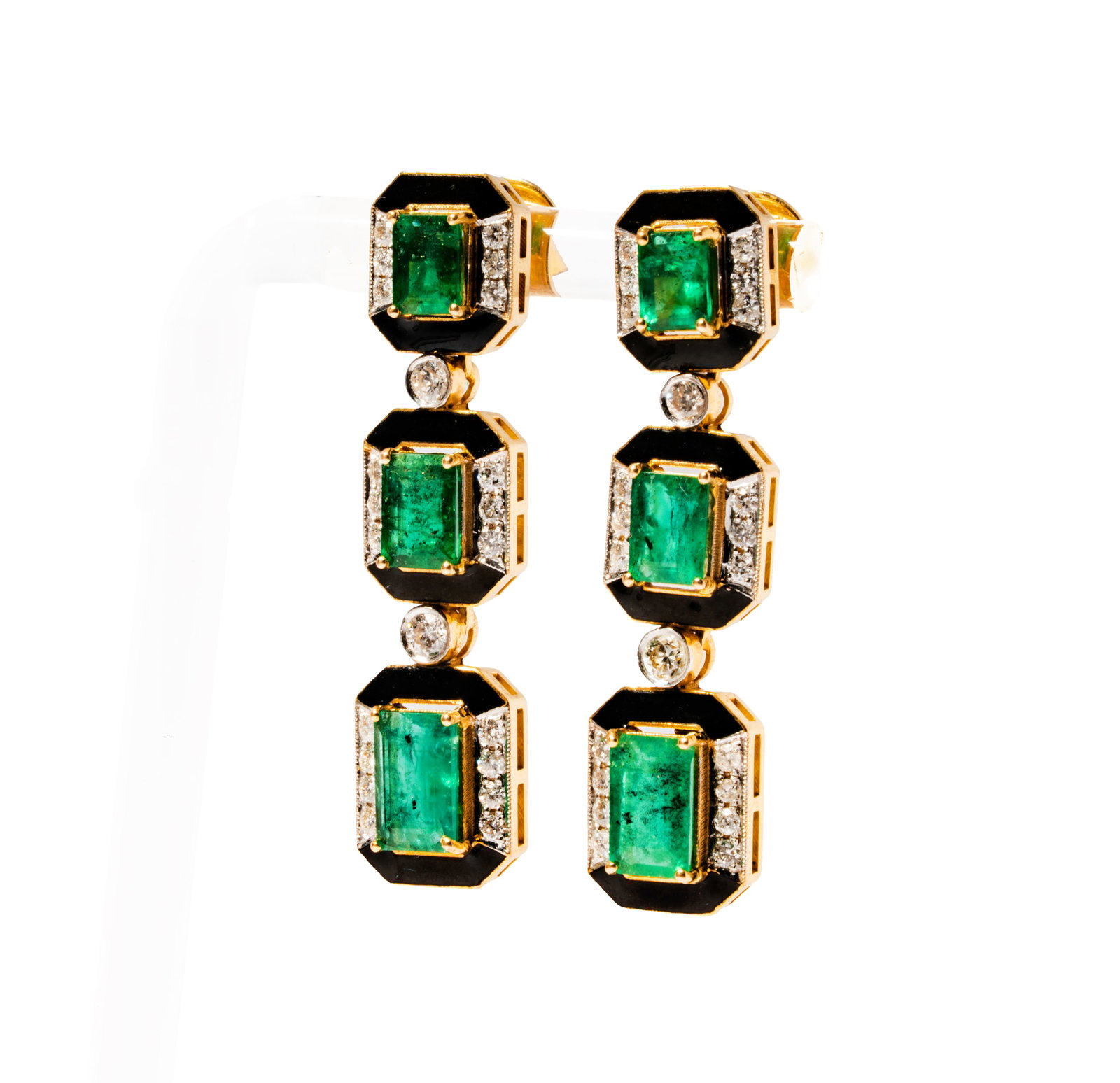 Art Deco Style, 14 Karat Yellow Gold, Diamond, and Emerald Drop Earrings: Including one pair of art deco style 14 karat yellow gold, diamond, emerald, and enamel earrings; set with six step-cut emeralds, weighing approximately 1.90 carats total, and with 44 small round full