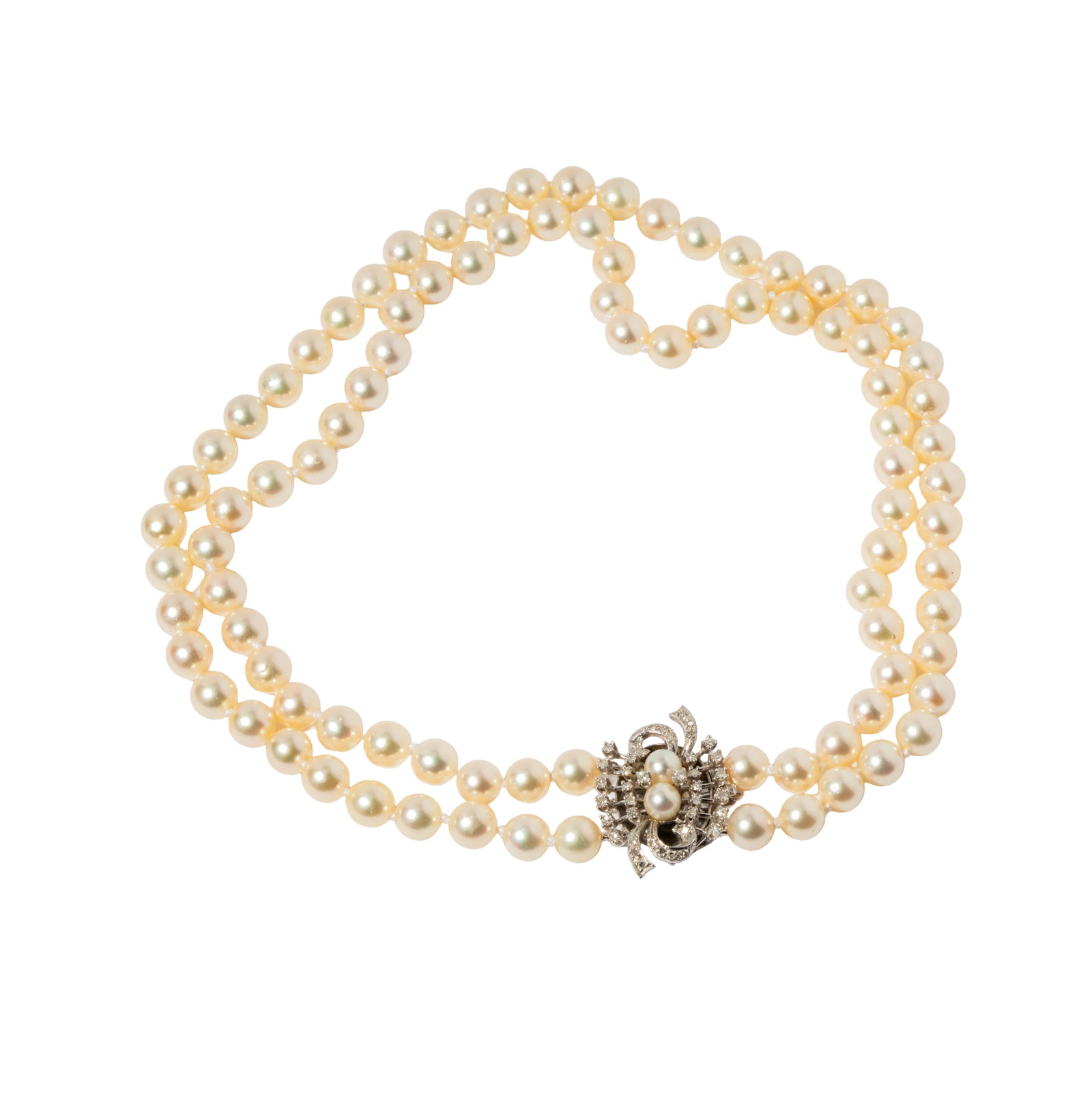 14 Karat White Gold and Diamond Pearl Necklace: Including one 14 karat white gold diamond and pearl necklace, clasp set with 46 small round diamonds [I-K/I-I2]weighing approximately 0.85 carats total, and set with double strand pearls, pearls measu