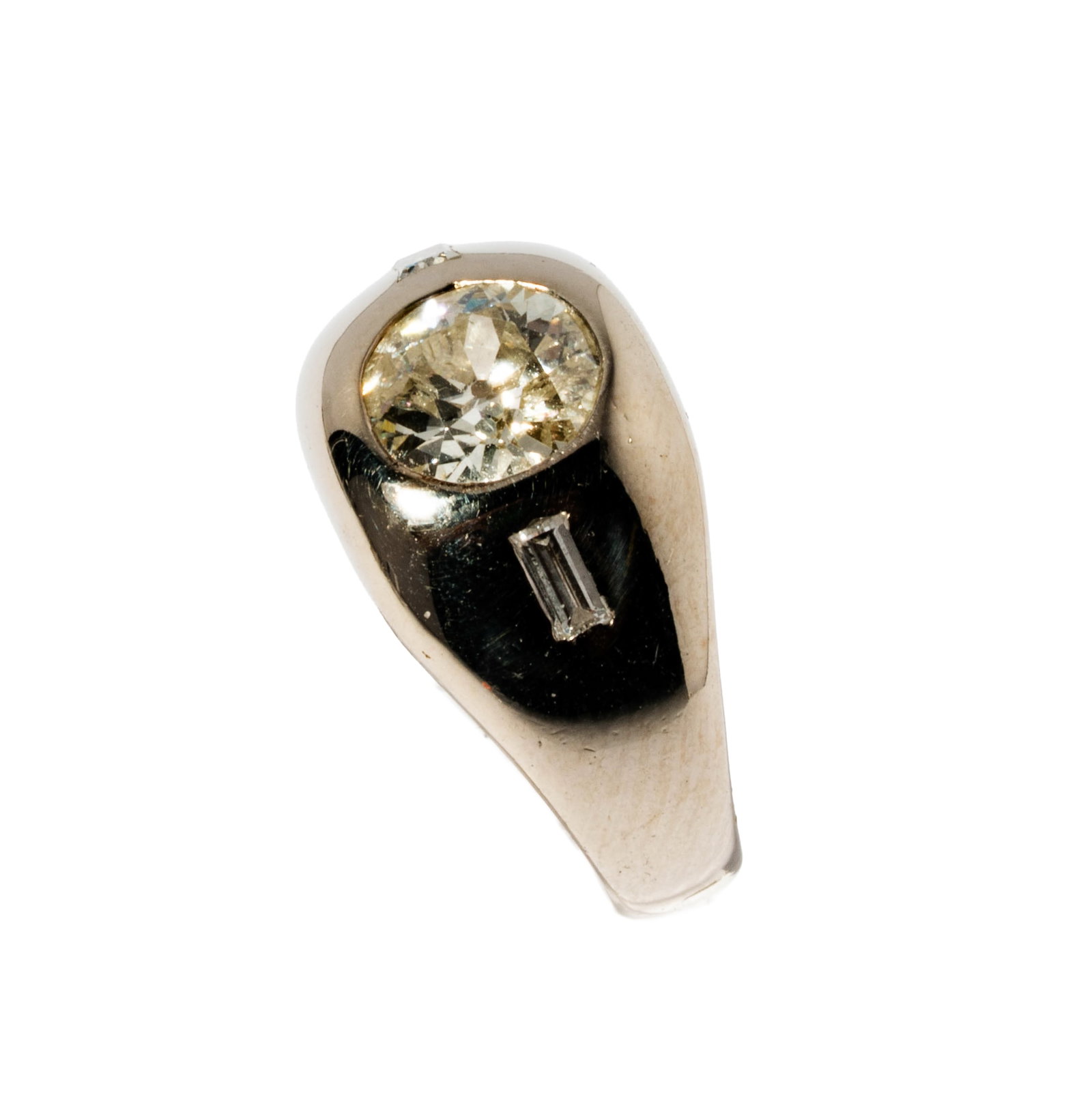 14 Karat White Gold Diamond Ring: Including one 14 karat white gold diamond ring set with one European-cut diamond [J-L/I-2] weighing approximately 1.65 carats, and accented with two small baguette cut diamonds [H-J/SI] together weigh