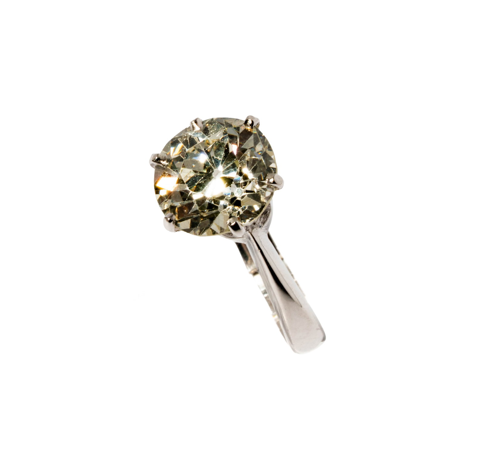 14 Karat White Gold Diamond Solitaire Ring: Including one 14 karat white gold diamond ring, set with one European-cut diamond [J-L/I-I2] weighing approximately 4.00 carats, size: 5-1/4, weighing 4 grams;