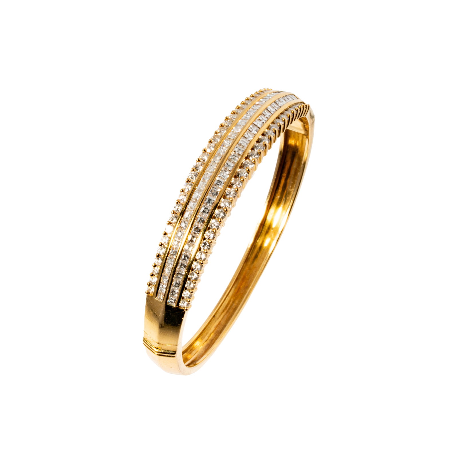 18 Karat Yellow Gold Diamond Bangle Bracelet: Including one 18 karat yellow gold diamond and bangle bracelet, set with mixed-cut diamonds, including 64 square step-cut diamonds and 56 small round full-cut diamonds [G-I/VS2-SI] together weighing a