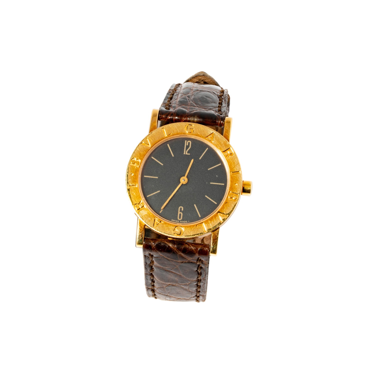 Bulgari, 18 Karat Yellow Gold and Leather Watch: Including one Bulgari 18 karat yellow gold watch, case measuring 30mm in diameter, leather band measuring 8 inches long, weighing 38.9 grams;