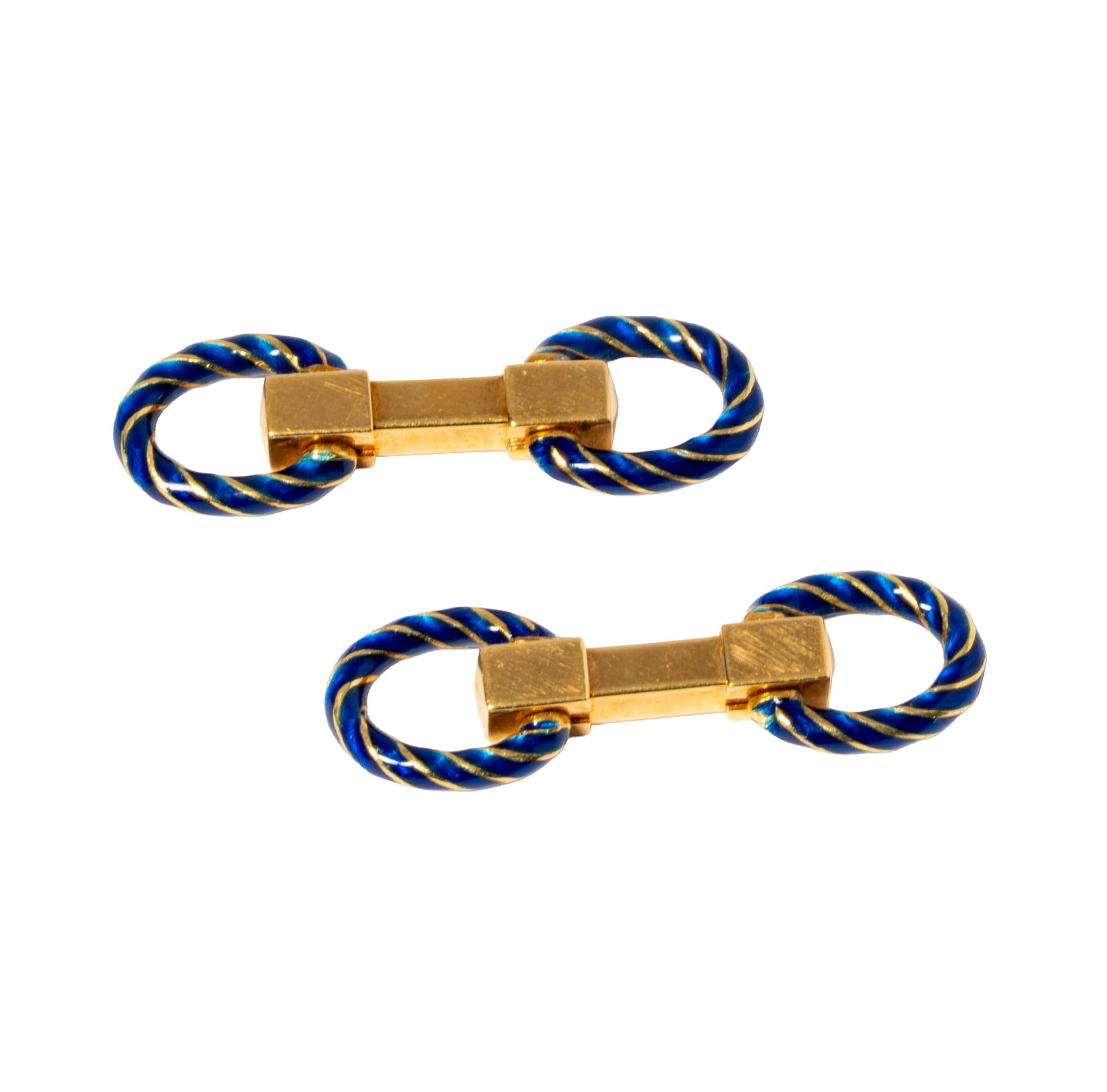 One Pair of 18 Karat Yellow Gold Enamel Cufflinks: Including one pair of 18 karat yellow gold and blue enamel cufflinks, measuring 1-3/4 inches long, weighing 16.4 grams;