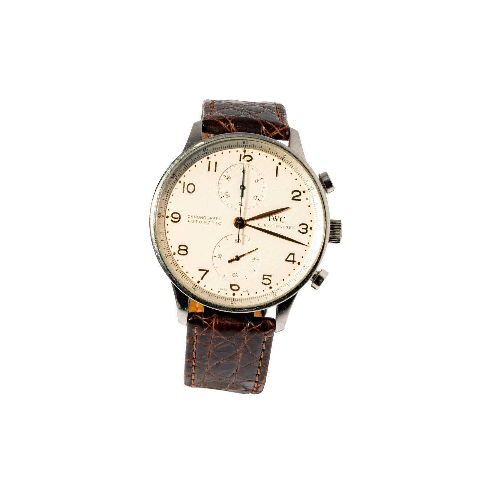 IWC Stainless Steel Portuguese Chronograph Watch: Including one IWC stainless steel Portuguese chronograph automatic watch, with 40mm case, watch measuring 9-1/2 inches long, weighing 78.3 grams;