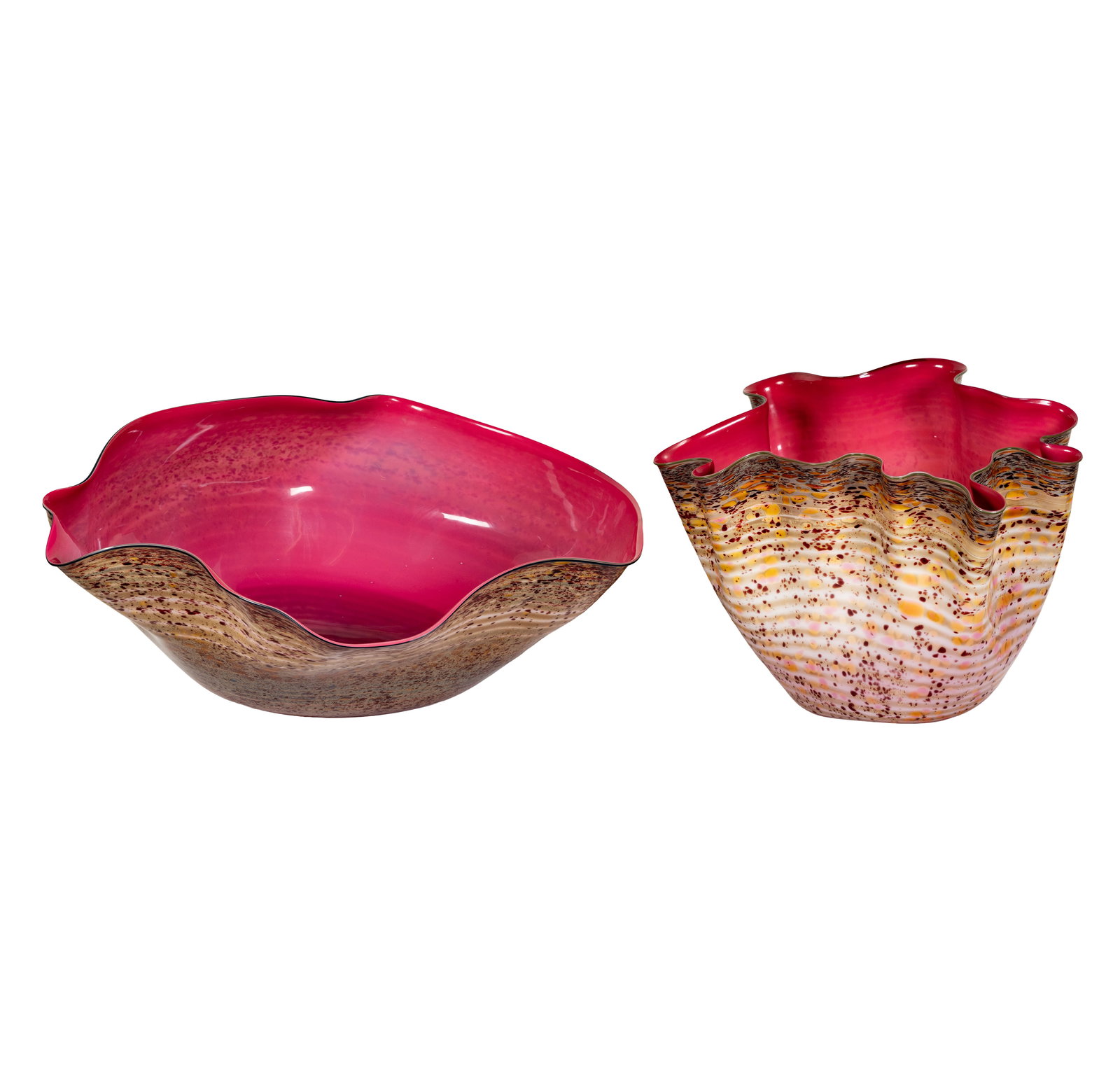 Dale Chihuly (American, b. 1941): Deep Rose Macchia Pair (Two Works): 1983, hand-blown glass, two works, each work signed and dated, the larger: 12 x 27 x 22 in., the other: 14 x 19 x 12 in. Artist registration number KE5.12.83.1, Elliott Brown Gallery, Seattle WA