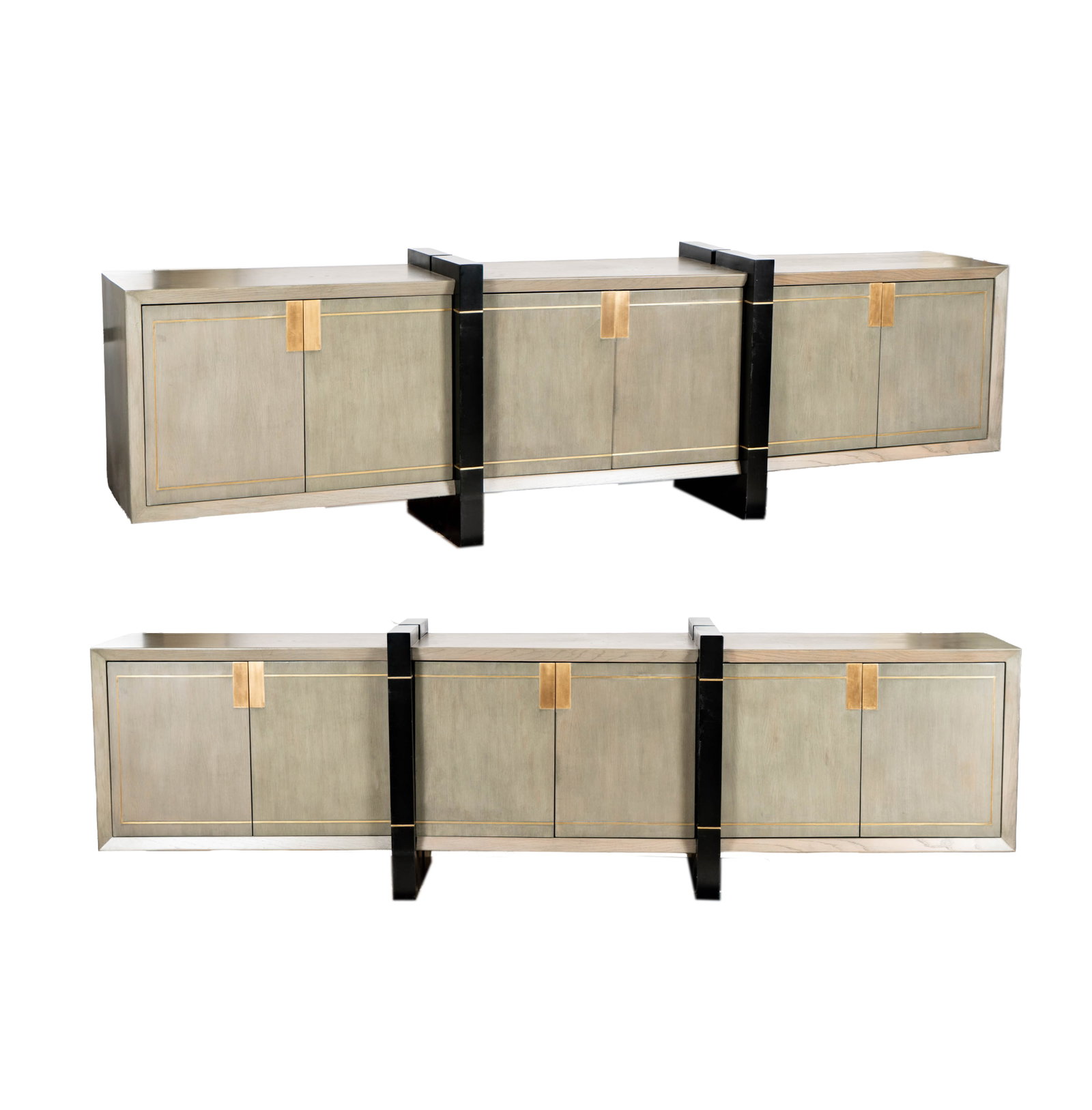 A Pair of Victor Turpin Designed Credenzas: with brass inlay, 35 1/2 x 120 x 22 3/4 in.