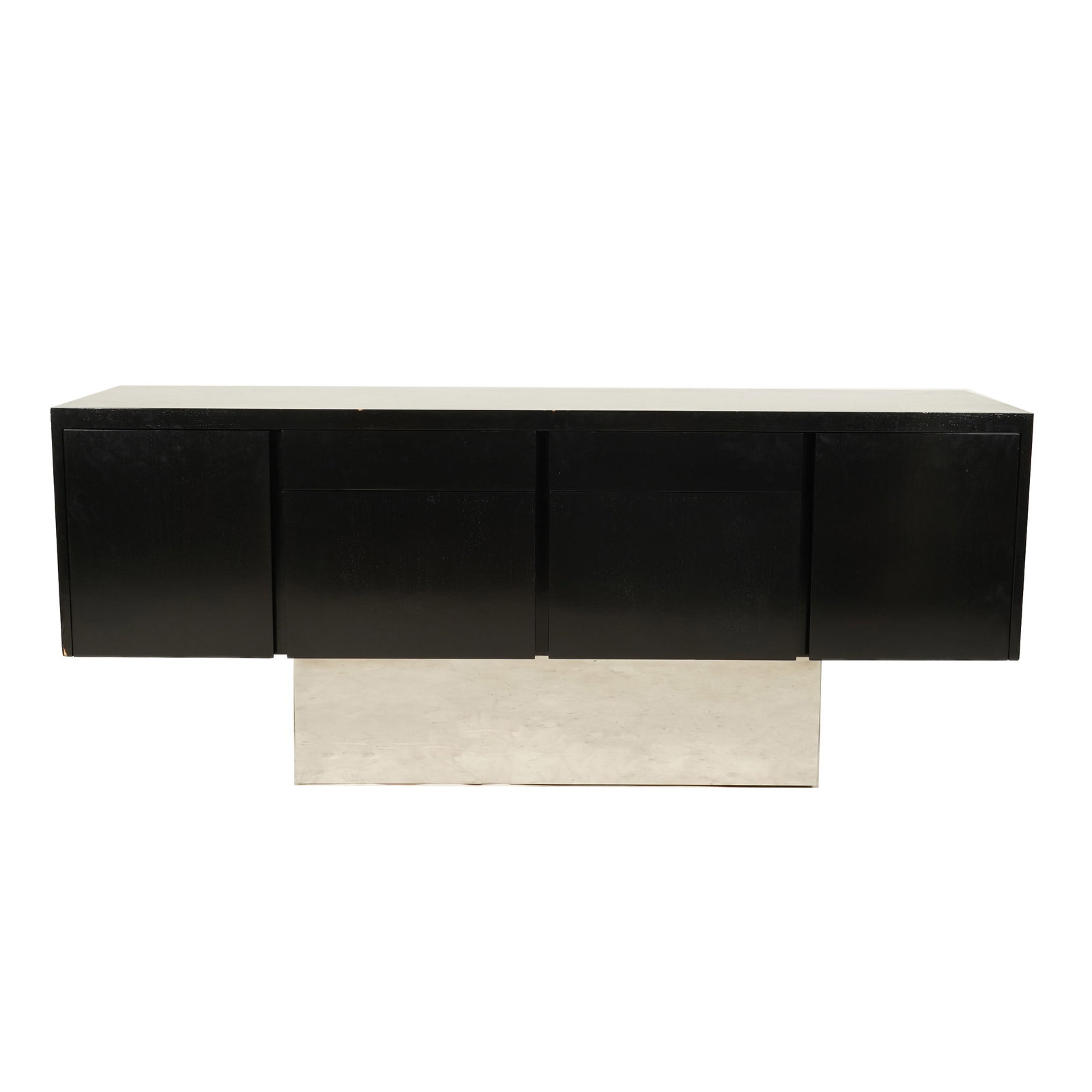 A Milo Baughman Floating Cabinet: chromed platform base, with two doors and four drawers, 29 x 72 x 19 in.