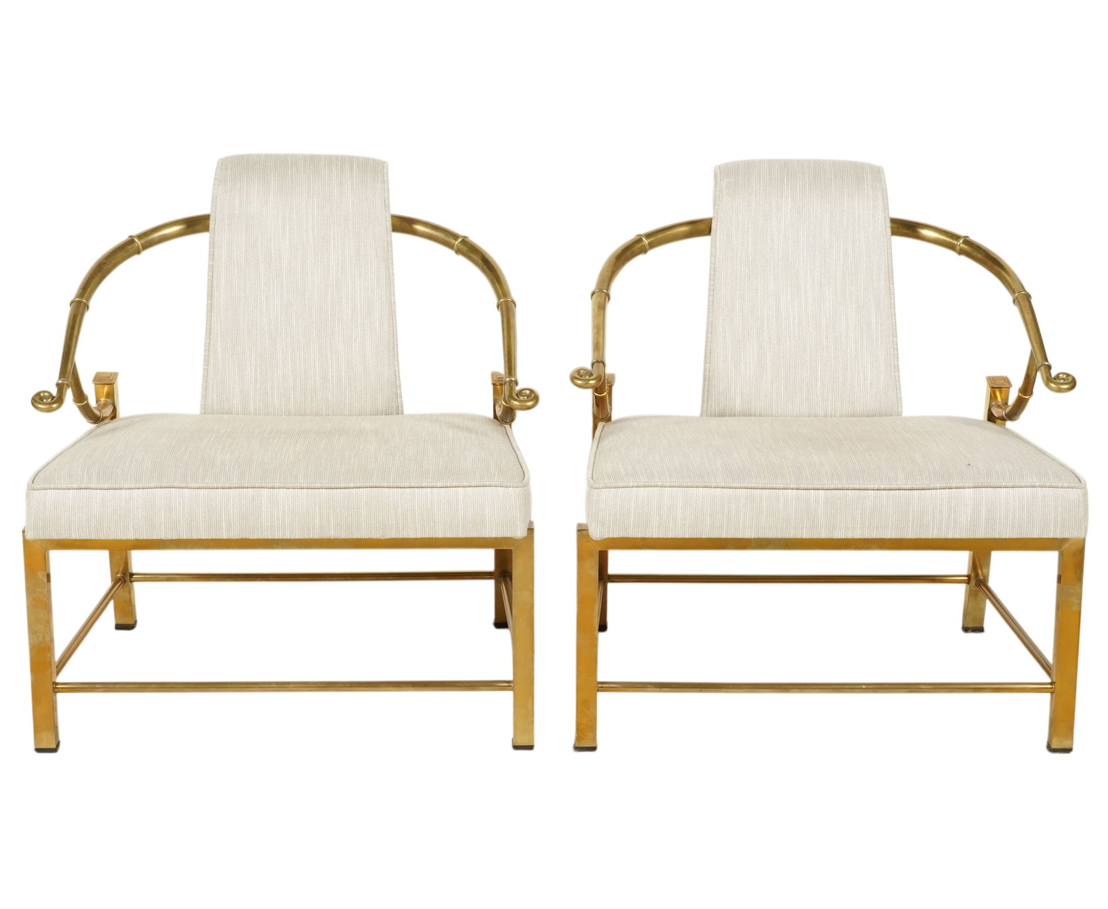Charles Pengelly for Mastercraft, A Pair of Empress Lounge Chairs: polished brass, 30 x 27 3/4 x 25 in., seat height: 18 in.