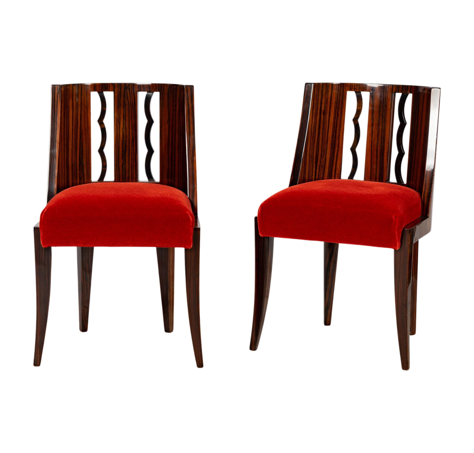 A Pair of French Art Deco Ebony of Macassar Chairs: 32 x 19 x 18 in., seat height: 20 in.