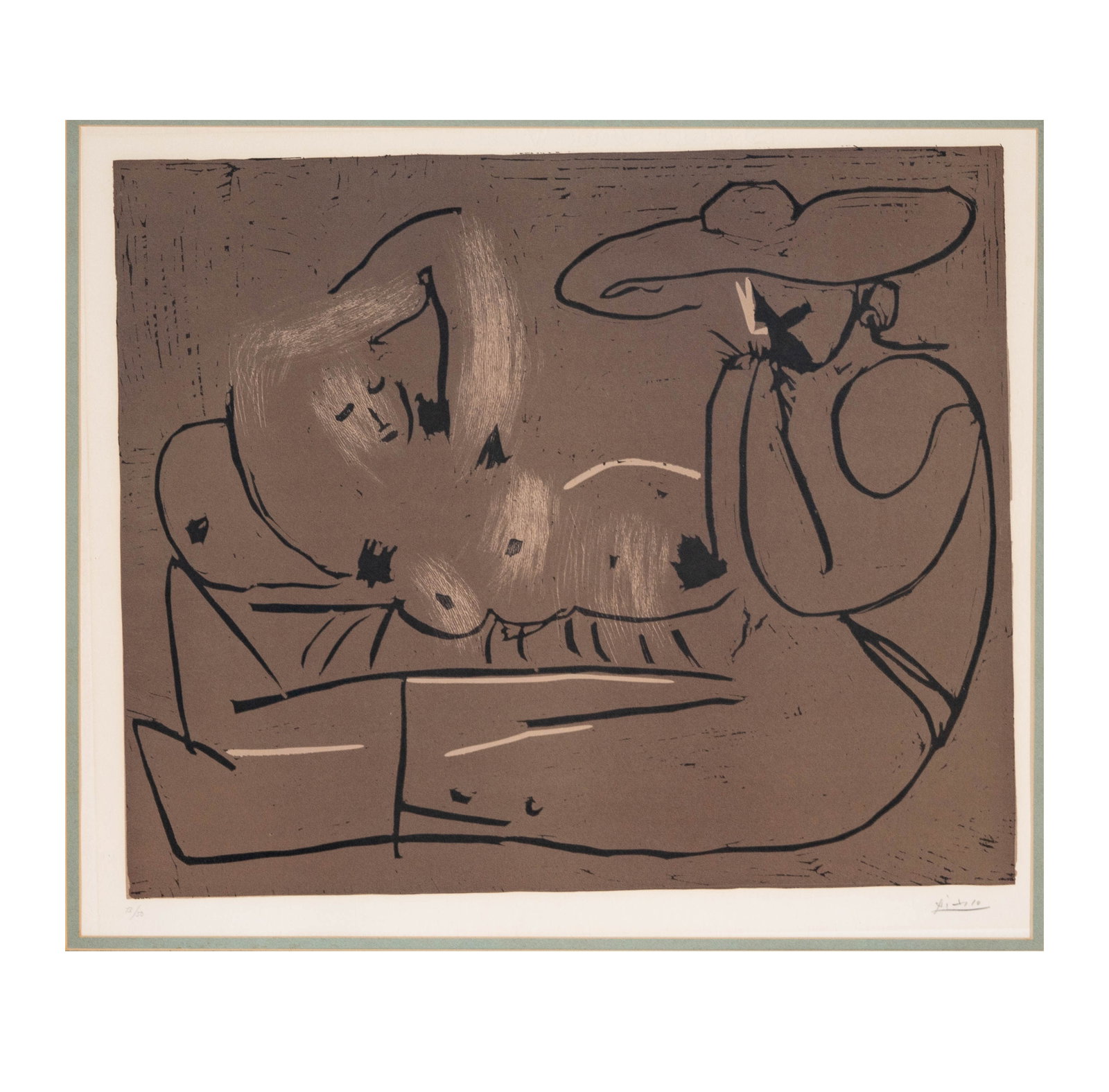 Pablo Picasso (1881 - 1973), Femme Couchee et Homme au Grand Chapeau: linocut, signed in pencil lower right, ed. lower left 13/50, image: 20 3/4 x 25 in., frame: 34 x 38 in. (B. 919; Ba. 1236)