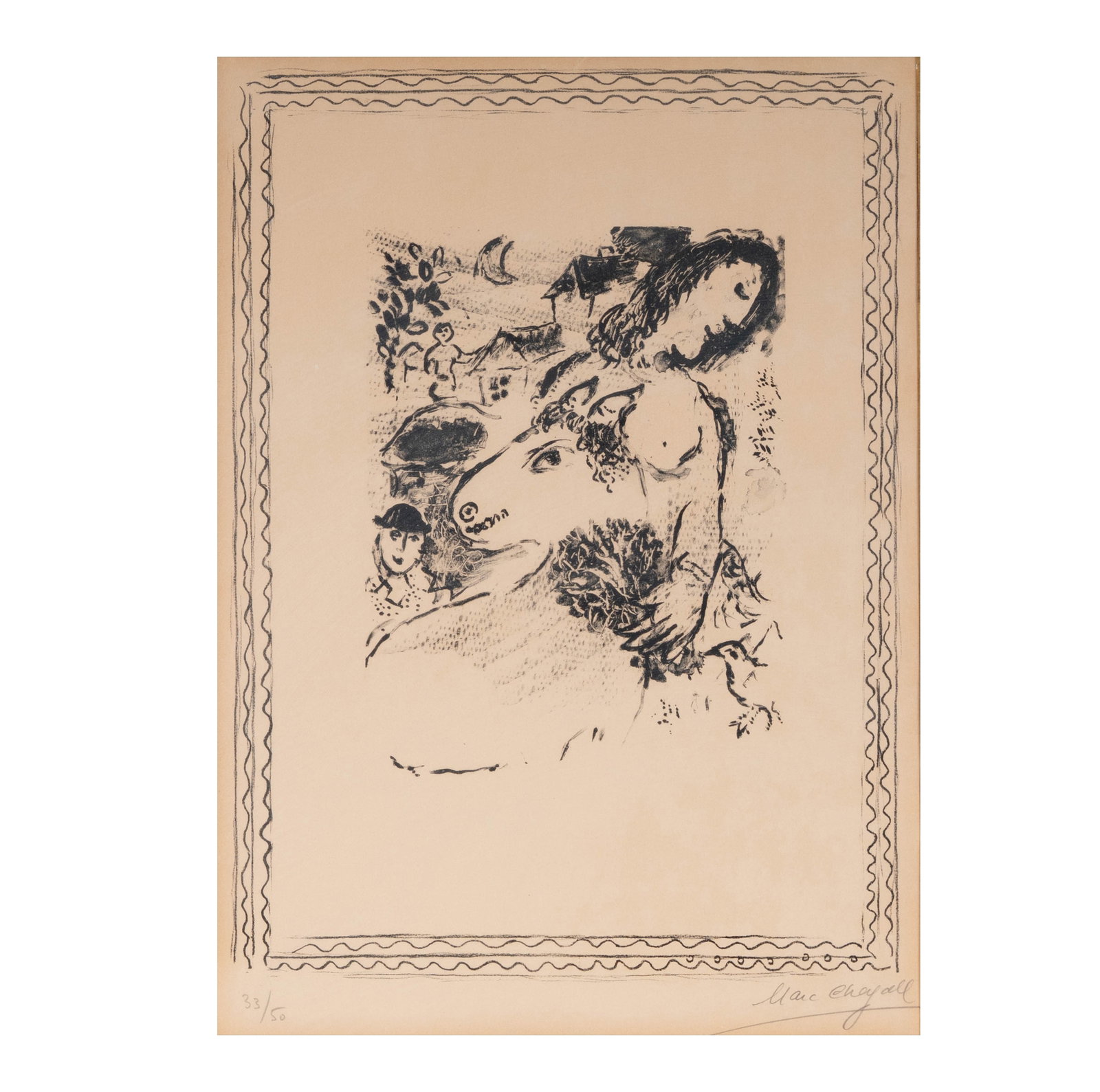 Marc Chagall (Russian, 1887-1985): La Fermière: lithograph, pencil signed lower right, ed. 33/50, sight: 22 x 15 3/4 in, framed: 33 1/4 x 26 3/4 in.
