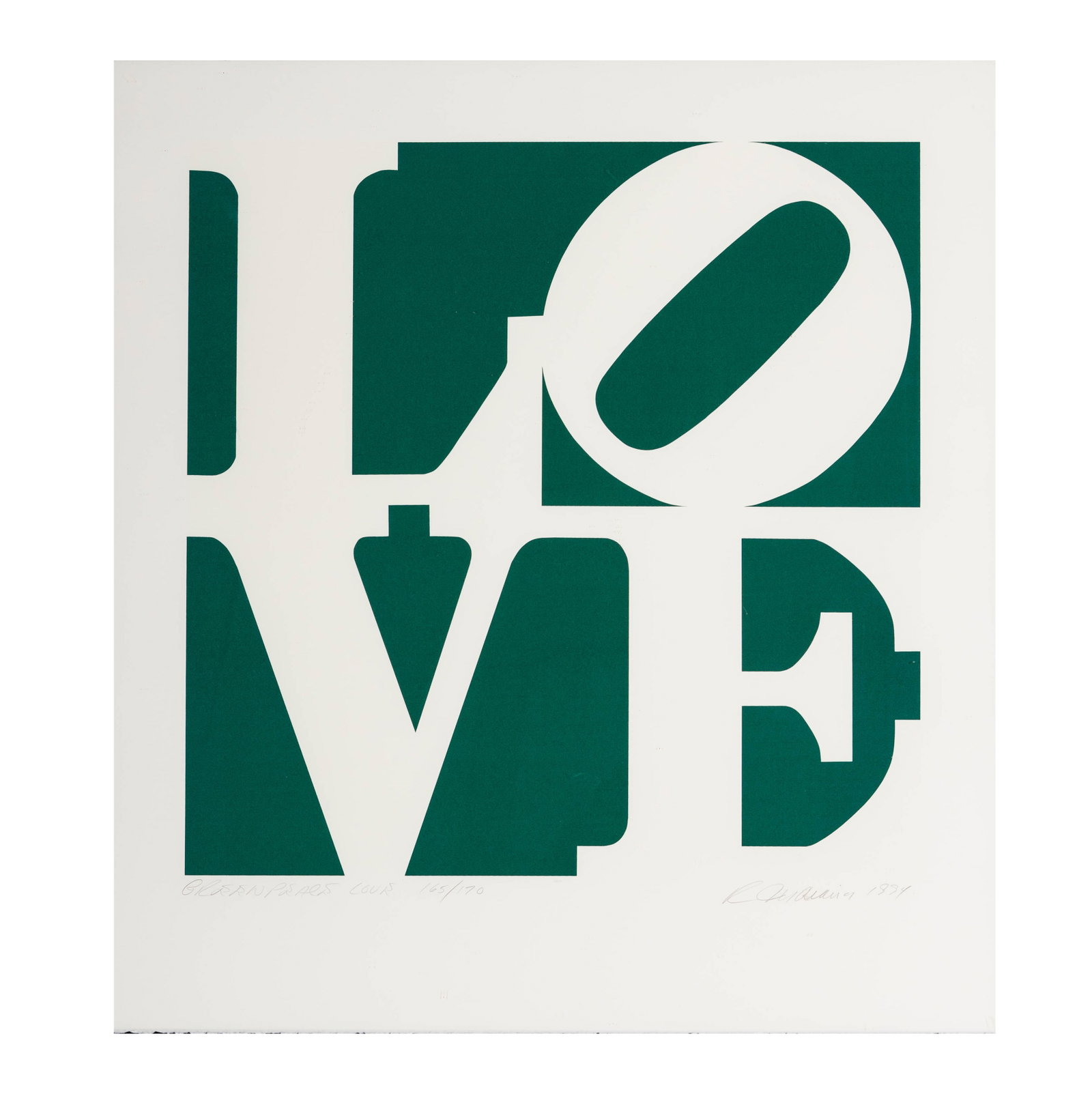Robert E. Indiana (American, 1928-2018): Greenpeace Love: 1994, screenprint in colors on BFK Rives, signed, dated, and titled in pencil, numbered 167/170, sheet: 32 x 29 1/2 in., frame: 48 1/2 x 46 in.