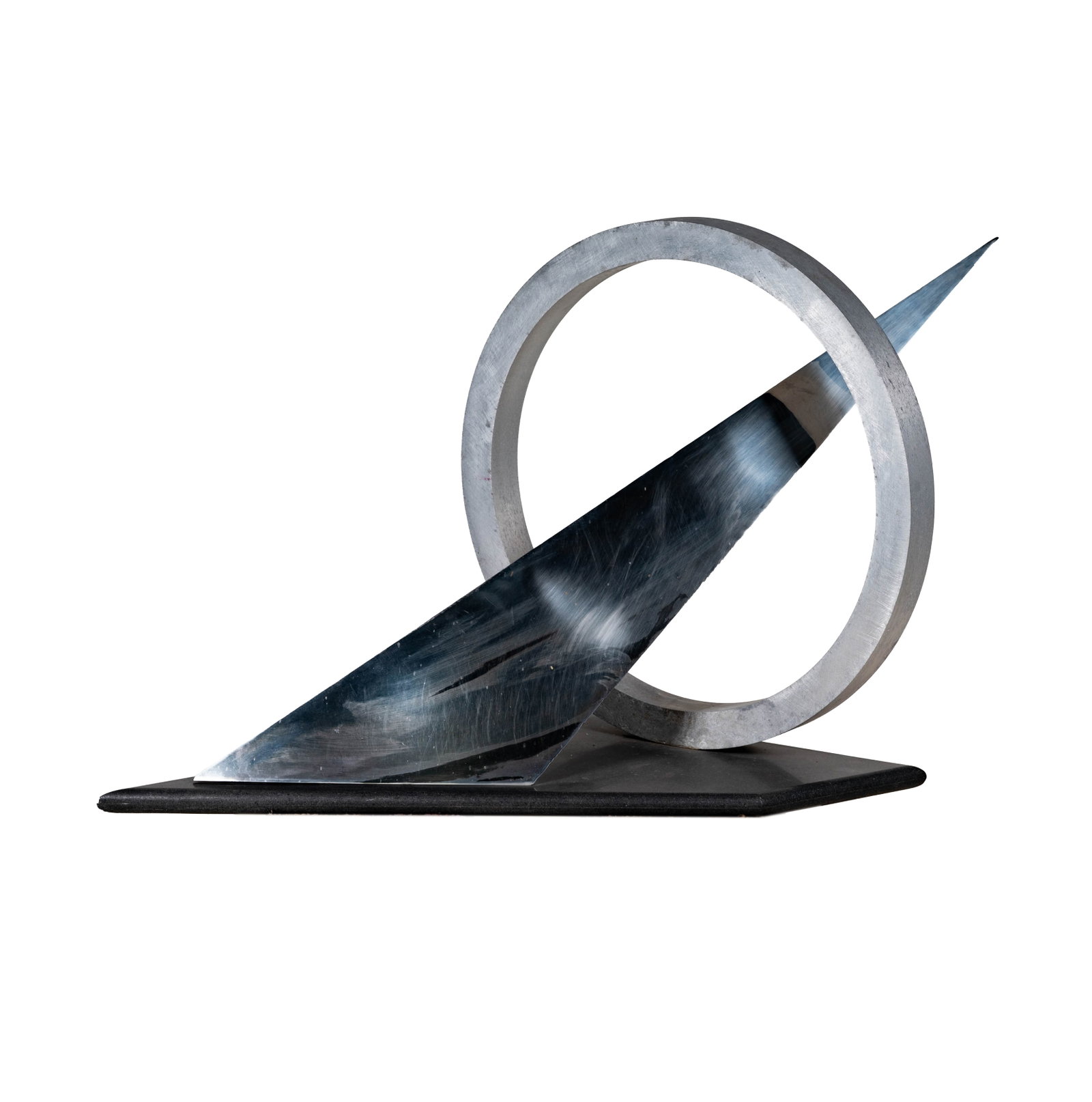 California Modern Garden Sculpture: steel, polished metal, and granite, 37 x 60 in.