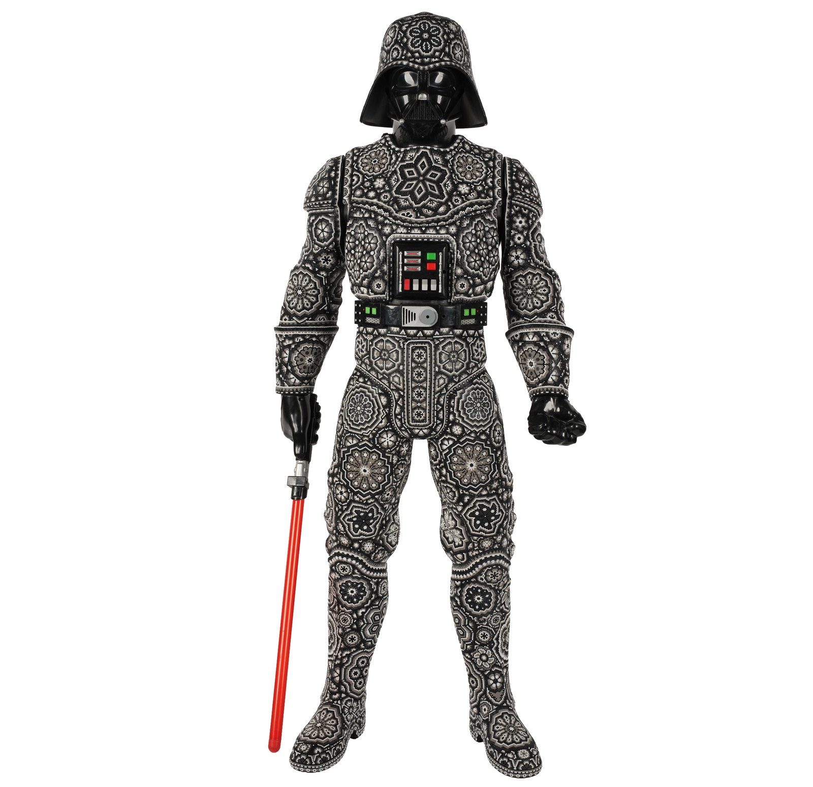 Chroma & Rick Wolfryd 'Darth the Force' Huichol Sculpture: Color beaded toy sculpture Huichol style. Signed and dated 3/23/2026. Edition of 50. Mixed media sculpture by USA-Mexican artist Chroma aka Rick Wolfryd. 49.5 x 19 inches approx.