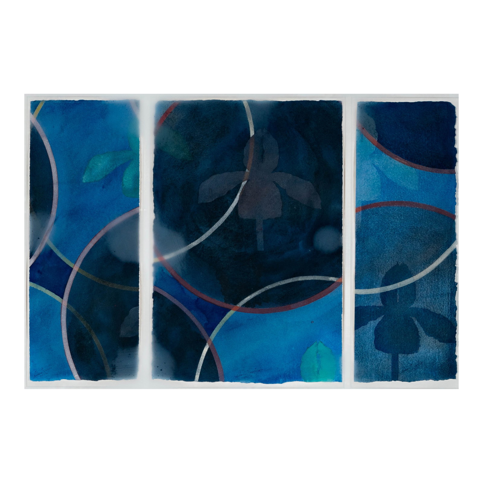 Billy Al Bengston (1934-2022): Puerto Mejia: watercolor on paper (triptych), 1976, 15 x 23 in., frame: 22 1/2 x 30 3/4 in. With Rebecca Donelson and Associates, Chicago; J. Rosenthal Fine Art LTD