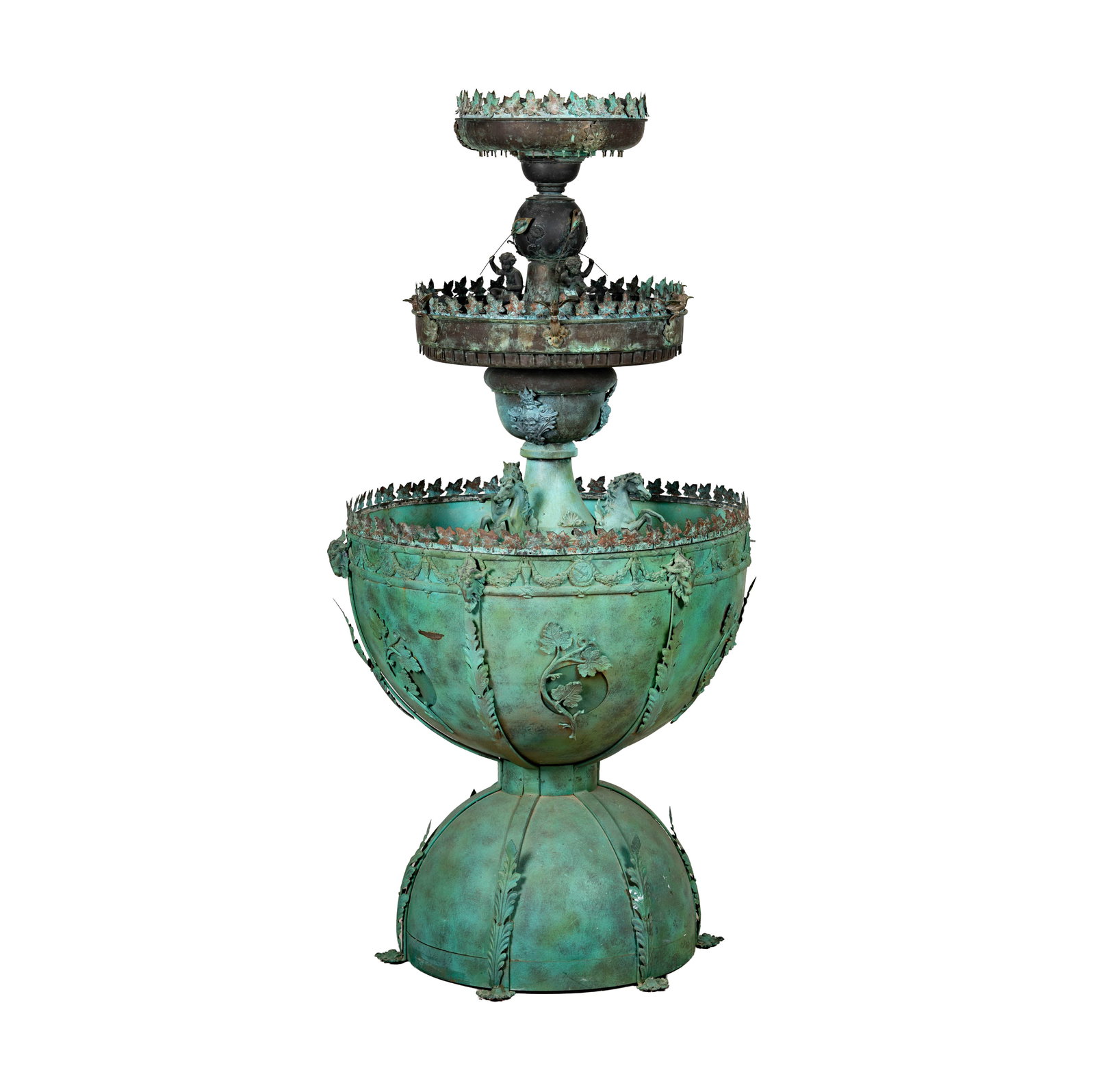 A Patinated Copper and Metal Tiered Fountain: with horse, ram heads, birds, and figural motifs throughout, 65 x 32 in.