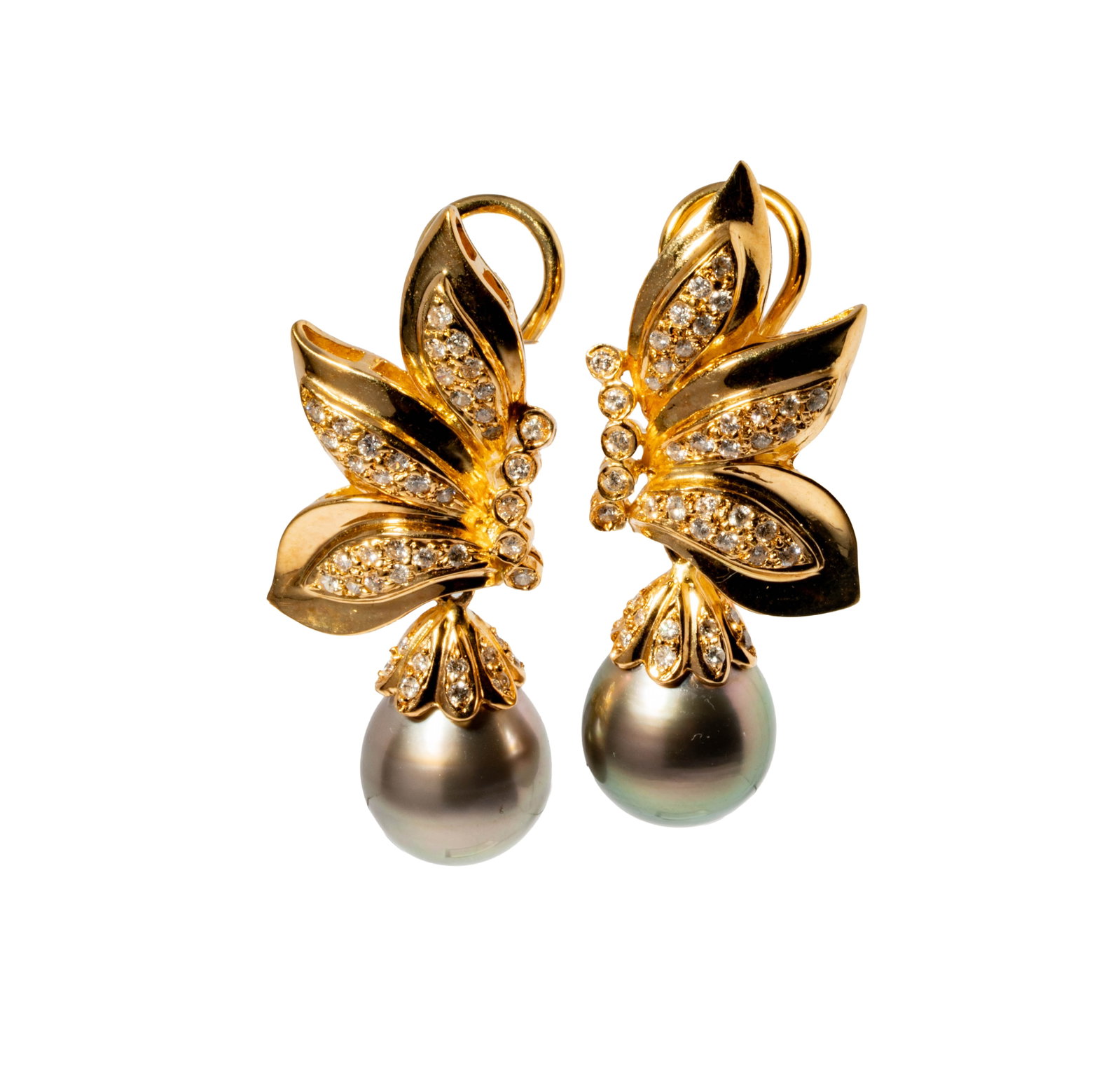 18 Karat Yellow Gold Diamond and Pearl Drop Earrings: Including one pair of 18 karat yellow gold diamond and pearl earrings, earrings set with 84 small round diamonds weighing approximately 0.50 carats, and tahitian pearls measuring 10mm in diameter; wei