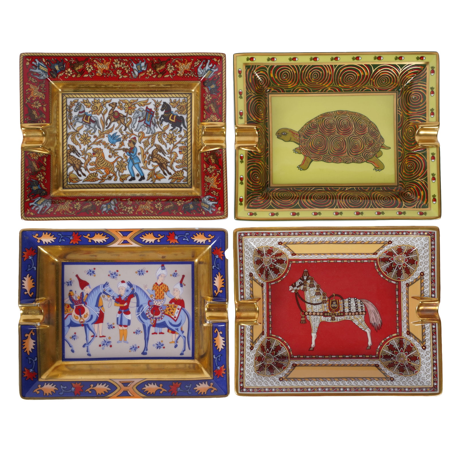 Four Hermes Porcelain Ash Trays: each signed, each: 6 1/2 x 7 3/4 in.
