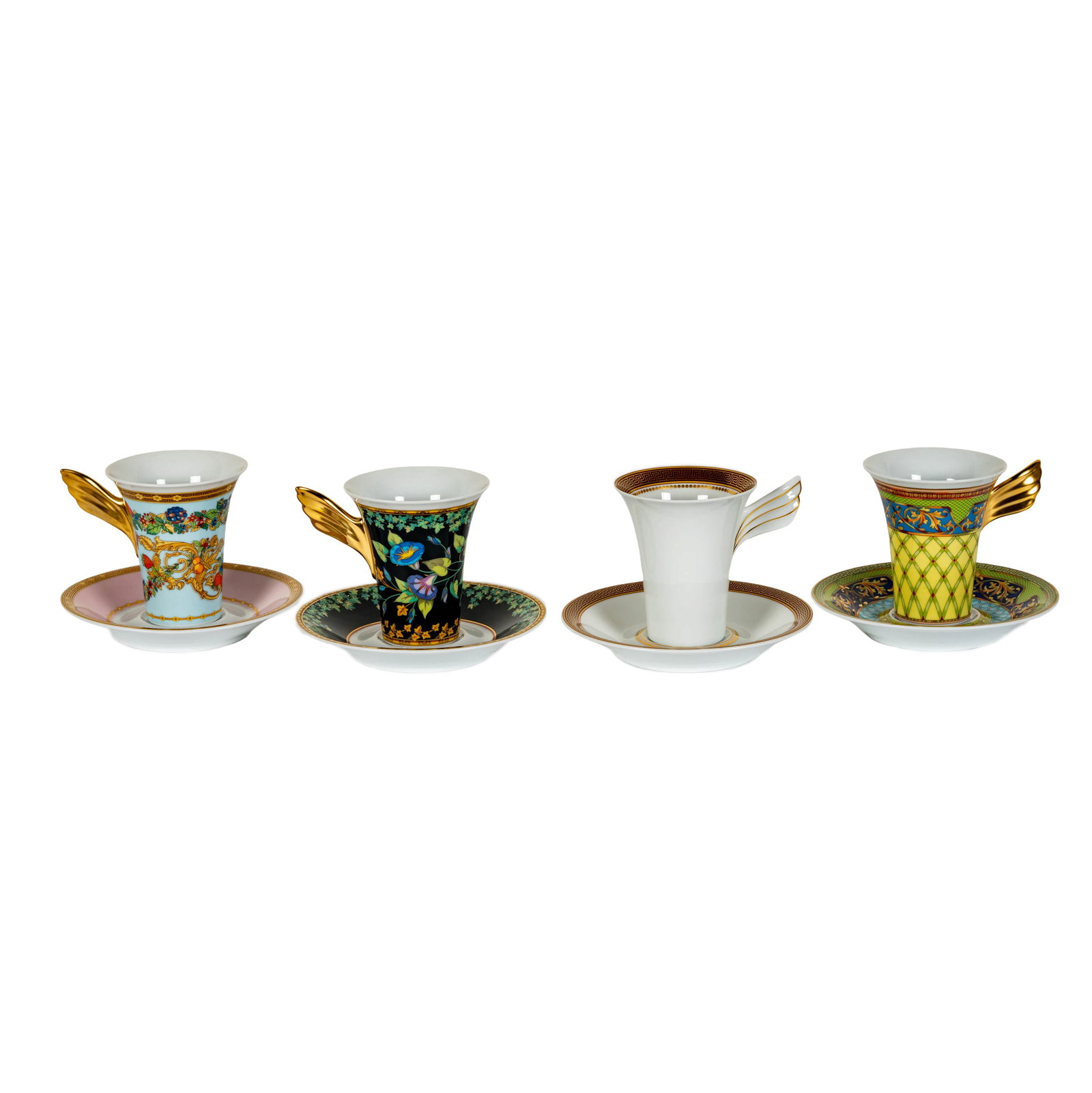 A Set of Four Versace Porcelain Cups and Saucers: Versace for Rosenthal, plate 5 3/4 in. the cups 4 in.