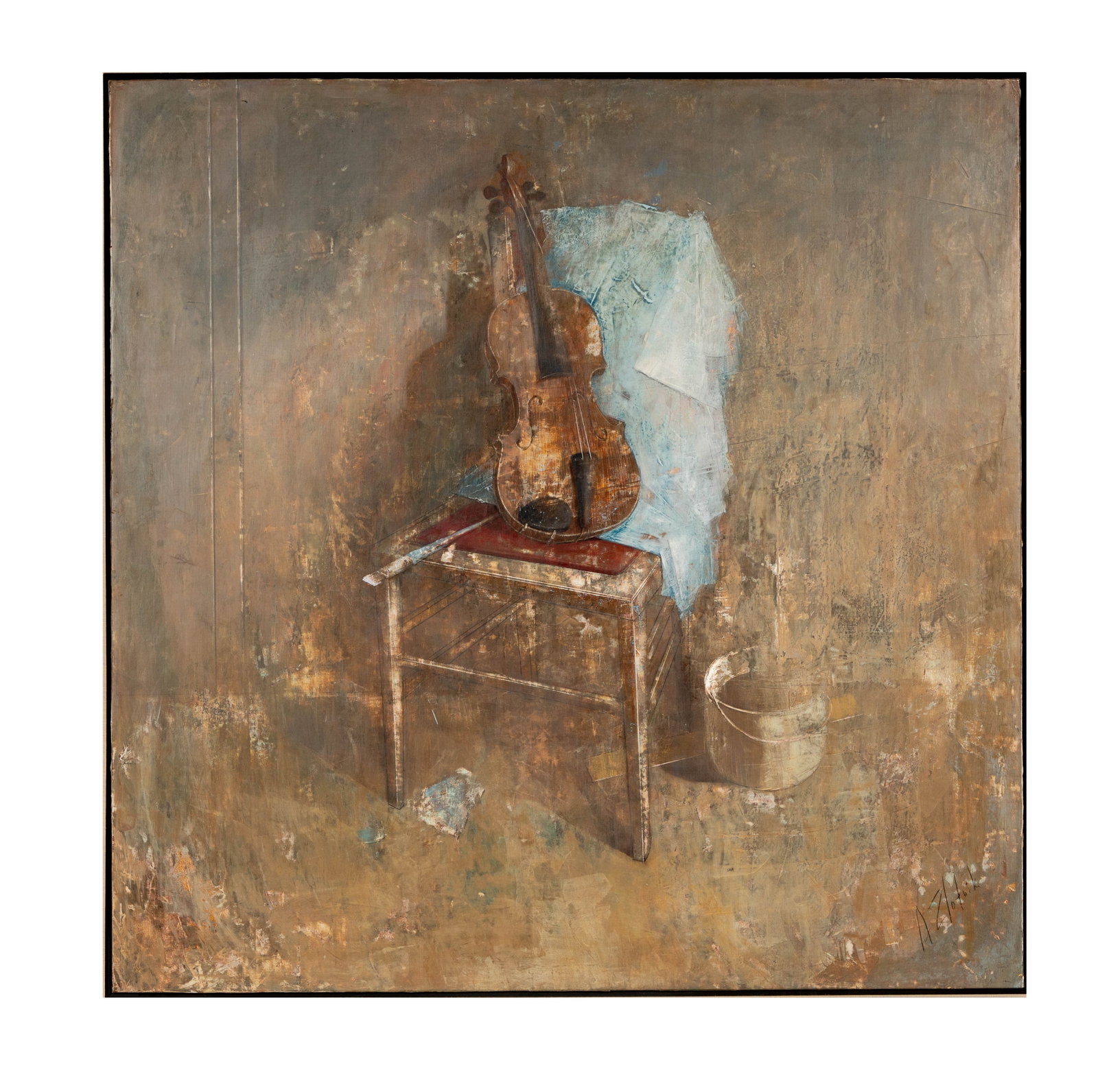 Alexandre Zlotnik, Violin on Chair: oil on canvas, signed lower right, 51 x 51 in.