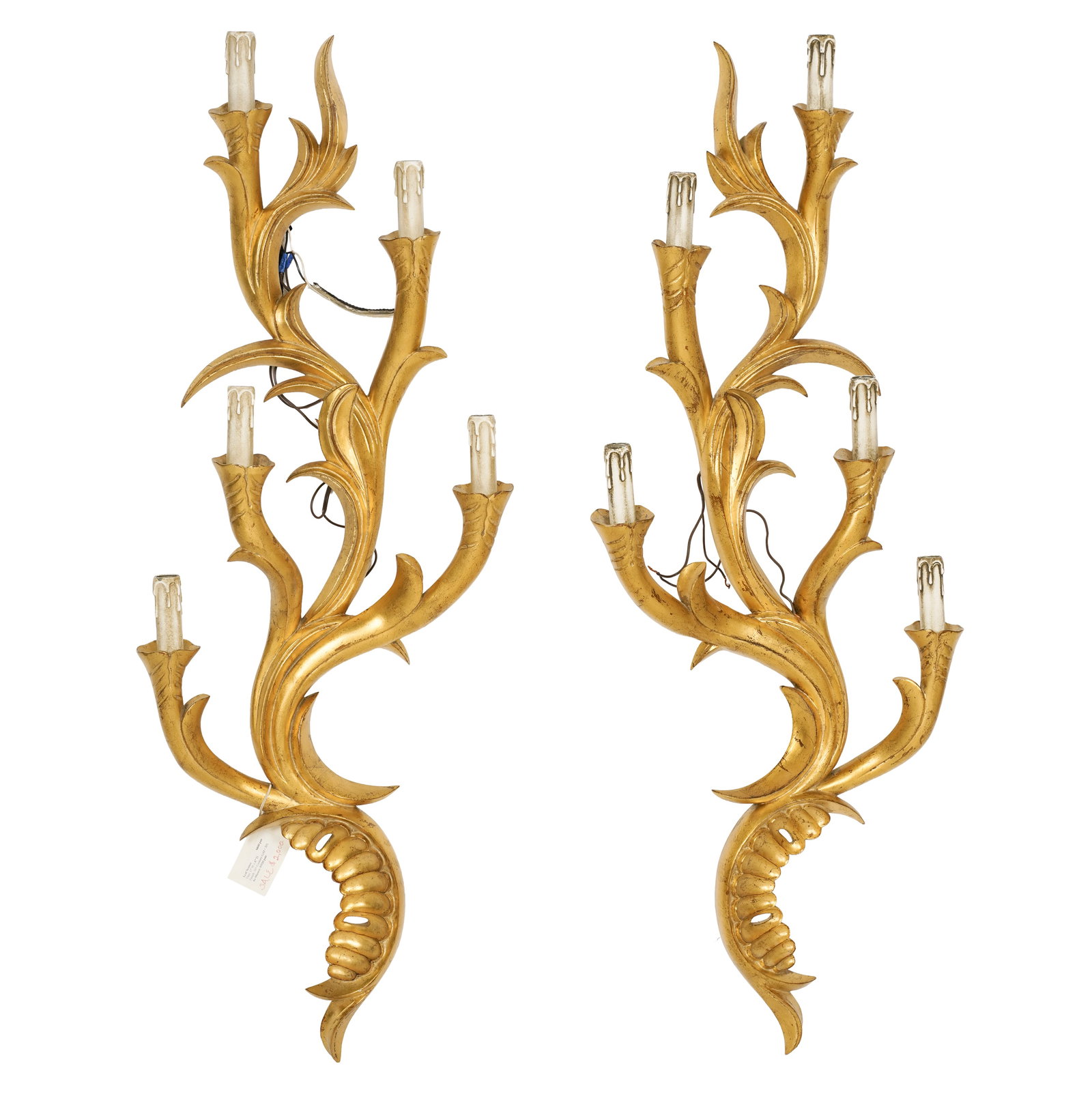 Phyllis Morris Archive Collection, Pair of Giltwood Sconces: each with five lights, 47 x 17 in.