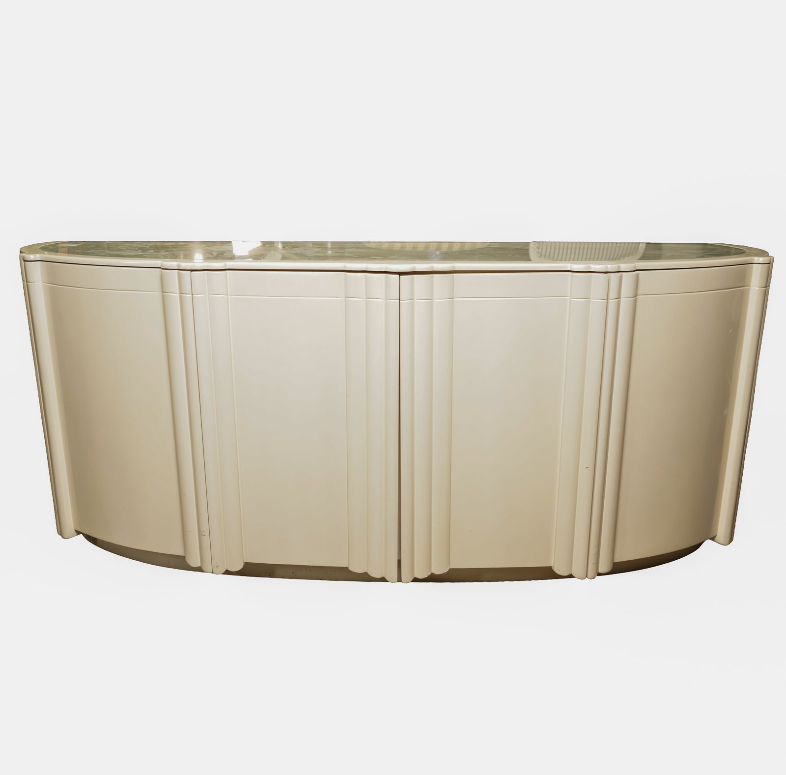 Phyllis Morris Archive Collection, Channel Credenza: with bi-fold doors, lacquer finish, and glass top, 30 1/4 x 74 1/2 x 22 1/2 in.