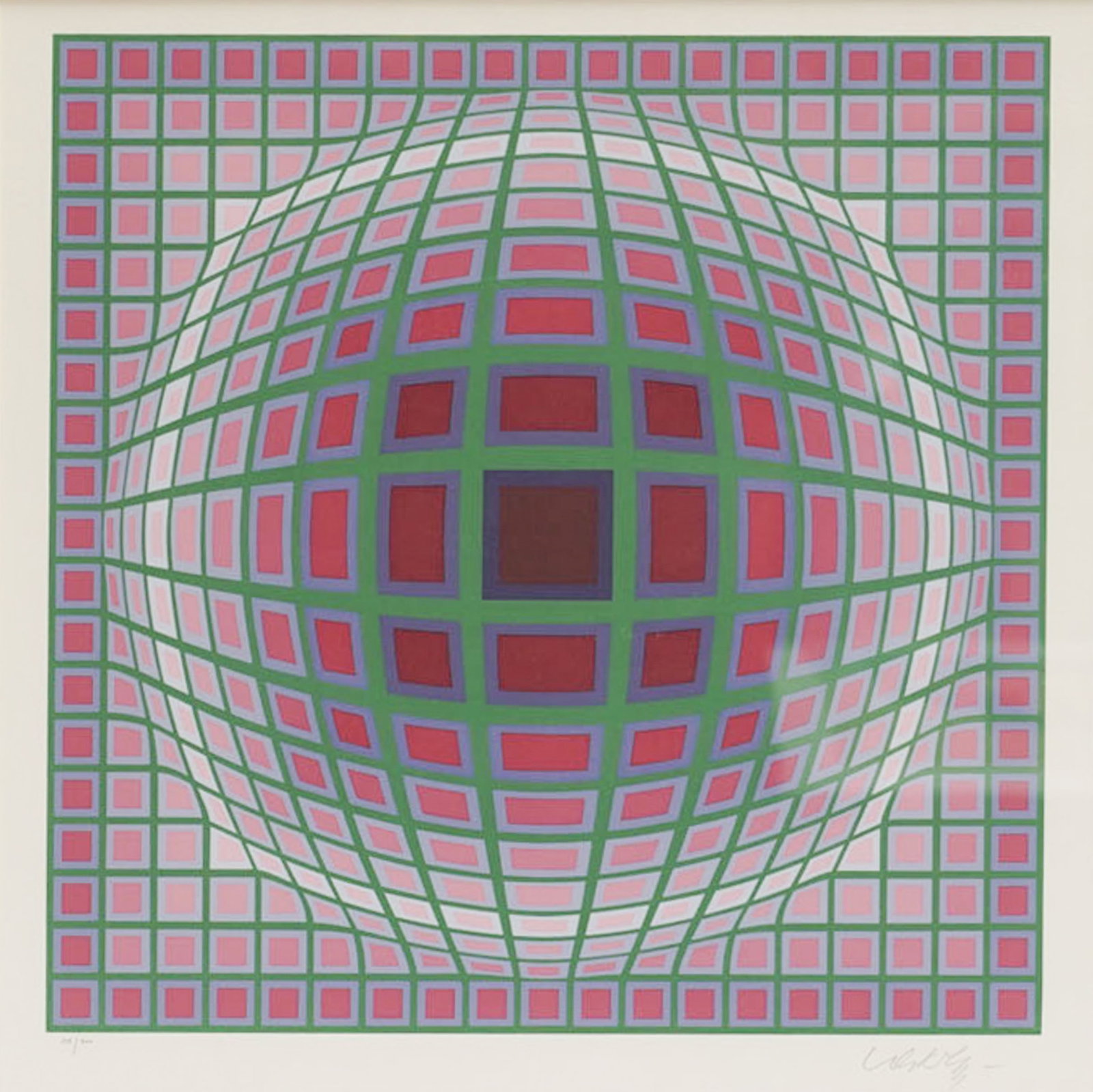 Victor Vasarely: Abstract: screenprint in colors on wove paper, ed. 215/300, signed and numbered in pencil to lower margin, image: 15 3/4 x 15 3/4 in., sight: 17 1/2 x 17 1/2 in frame: 28 1/2 x 28 1/2 in.