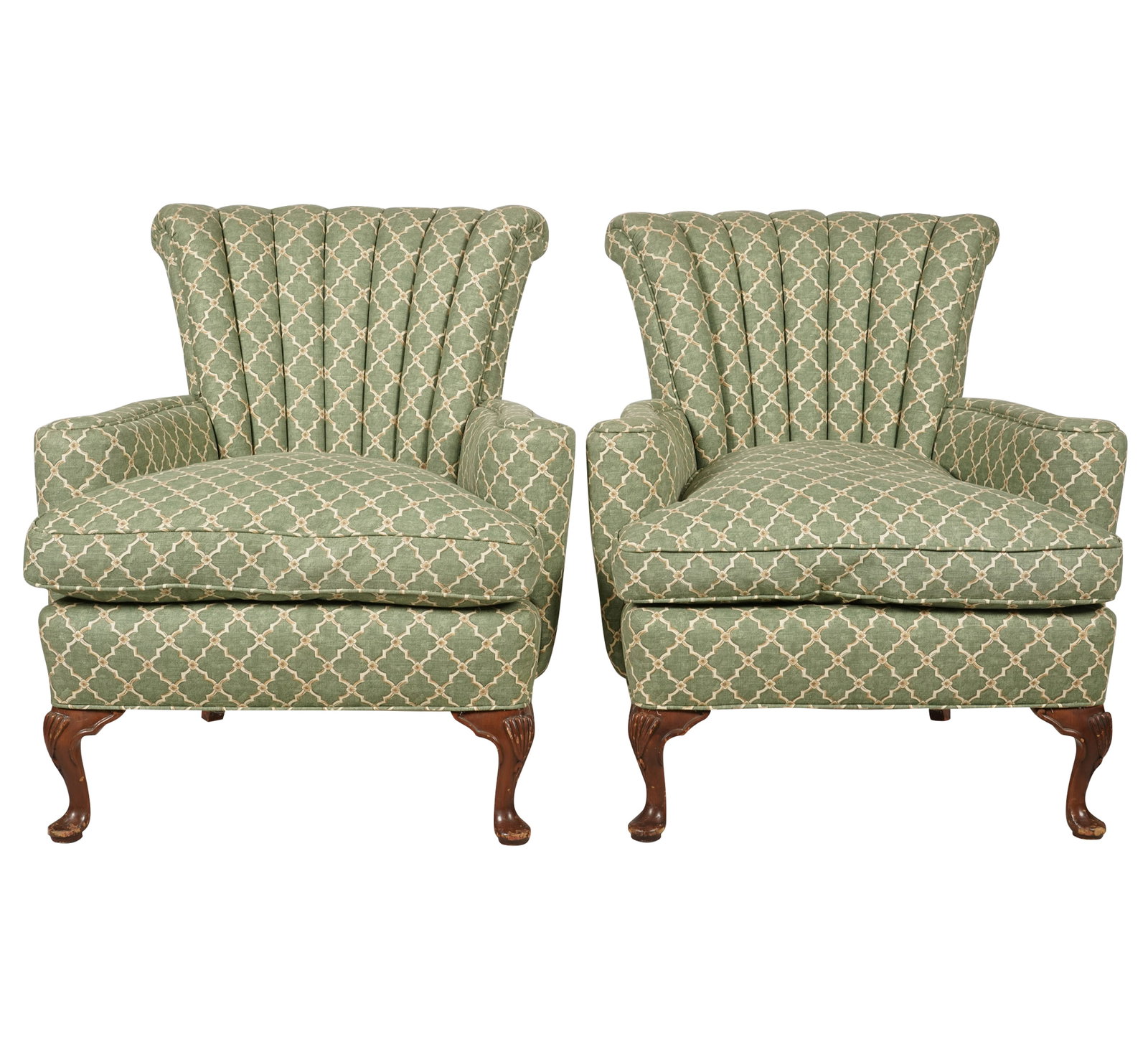 Pair of Green Upholstered Wing Chairs: 33 x 29 1/2 x 33 in.,seat height: 18 in.