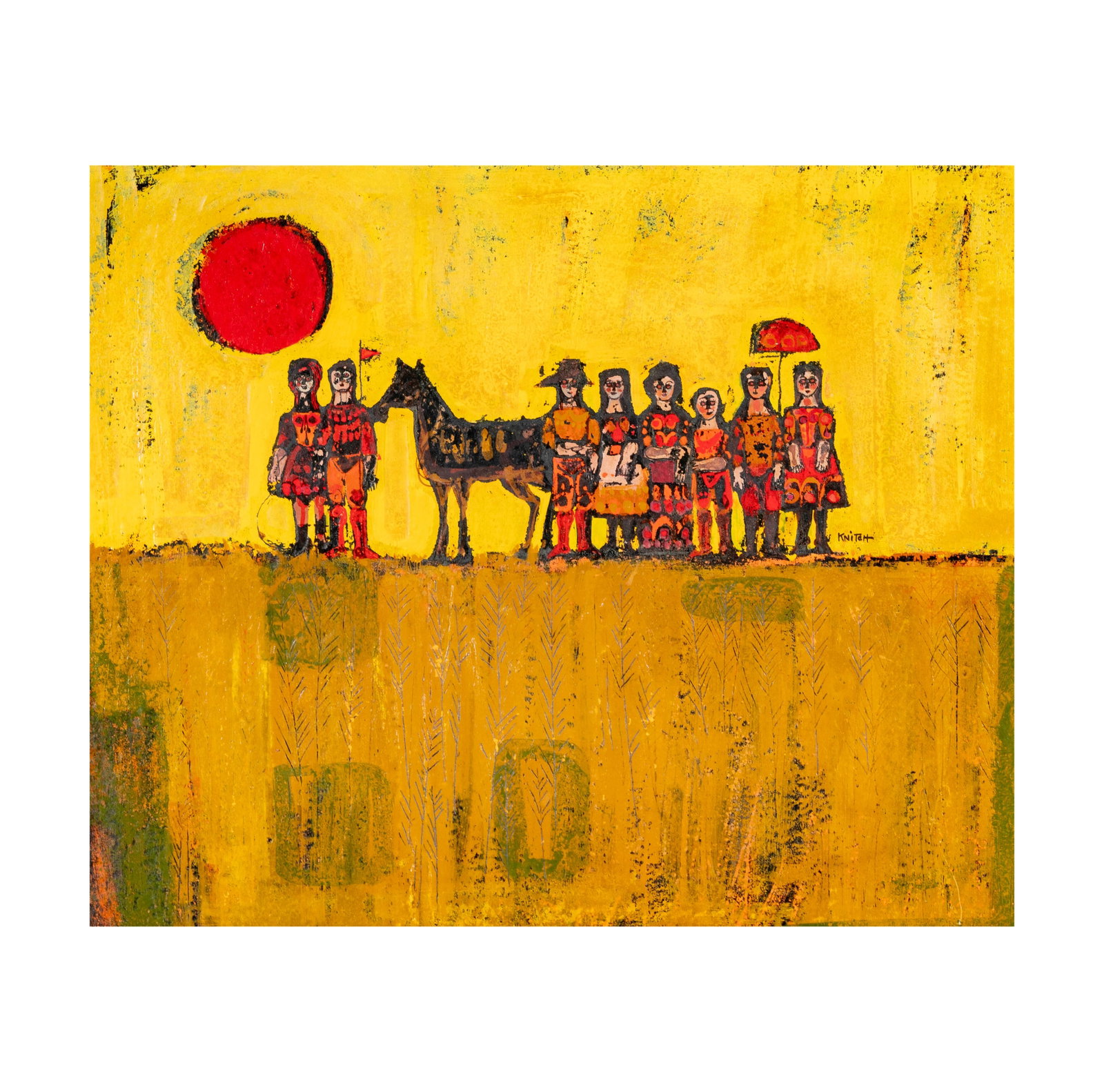 Thomas Knitch, Folk Art Painting of Horse and Figures: oil on panel, signed, panel: 21 x 26 in., frame: 25 x 29 3/4 in.