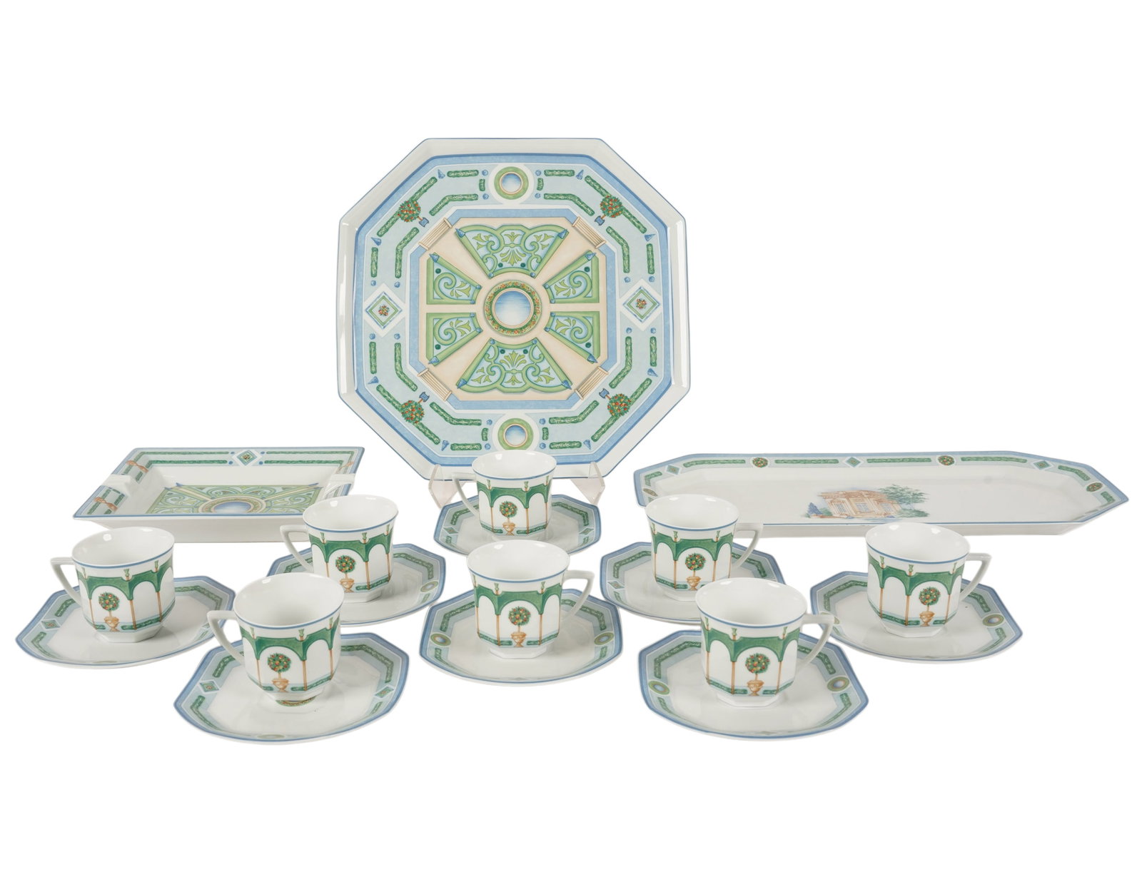 Philippe Deshoulieres Jardin Royal Porcelain Tea Service: comprising: one serving platter (11 1/2 x 11 3/4), eight teacups (2 1/4 x 3 1/4 x 2 1/2 in.), eight saucers (5 x 5 in.), one long serving plate, one ashtray