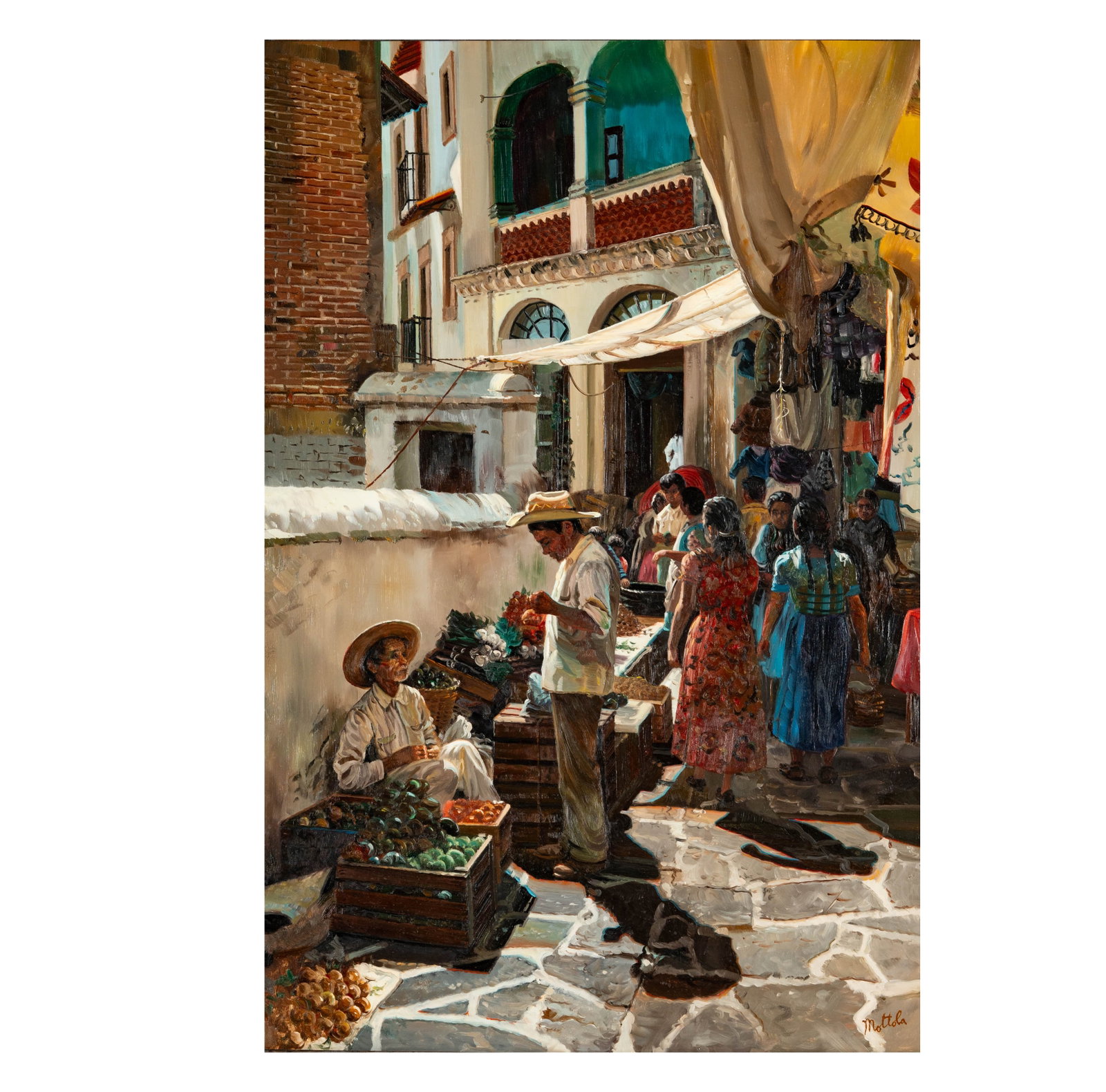 A Market Scene Painting, Fil Mattola, (1915-2008): Oil on Masonite, signed lower right. Market place scene with figures, buildings, and shopping activity. 36 x 24 ins; Framed; 471/2 x 341/4 ins.