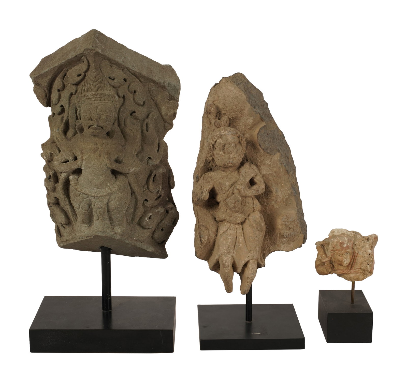Three small stone carvings on stands: with base: 12 1/4 x 5 1/2 x 4 in.
