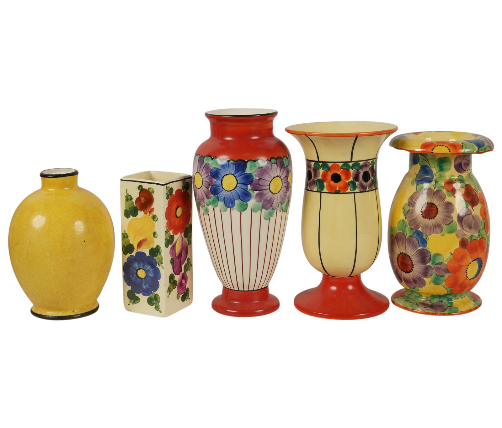 A Collection of Vintage Painted Czech Pottery: 5 pieces total; yellow/cream ground color; each vase in a unique shape, and each with a floral design in various colors. Tallest vase; 10 1/4 ins.
