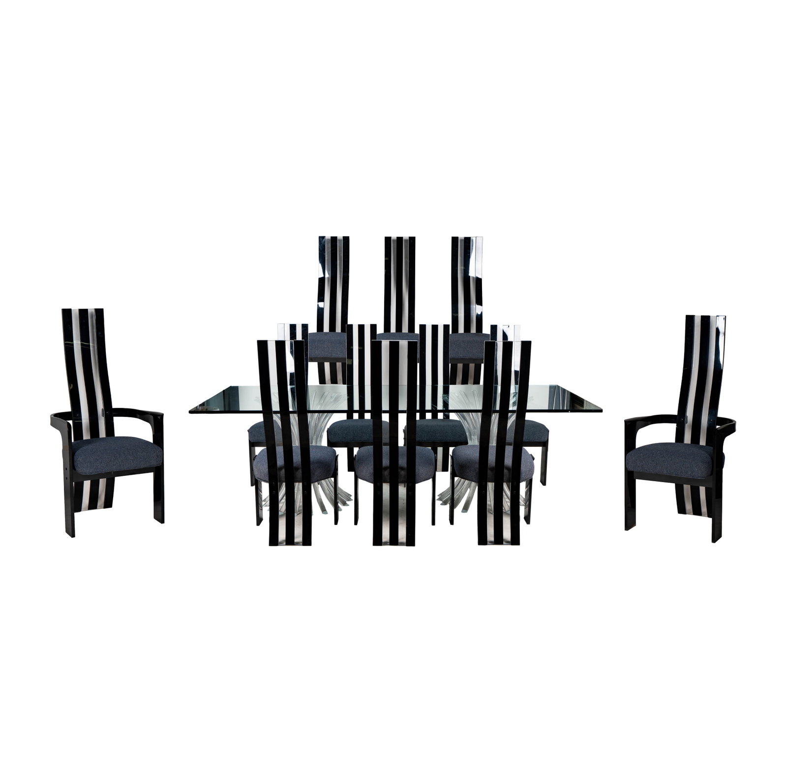 An American Mid-Century Modern Lucite Dining Set: comprising a double pedestal table (28 3/4 x95 1/2 x 42 in.), ten side chairs (45 3/4 x 20 x 21 in., seat height: 18 in.), and two armchairs (45 3/4 x 21 x 21 in., seat height: 18 in.) Property from t