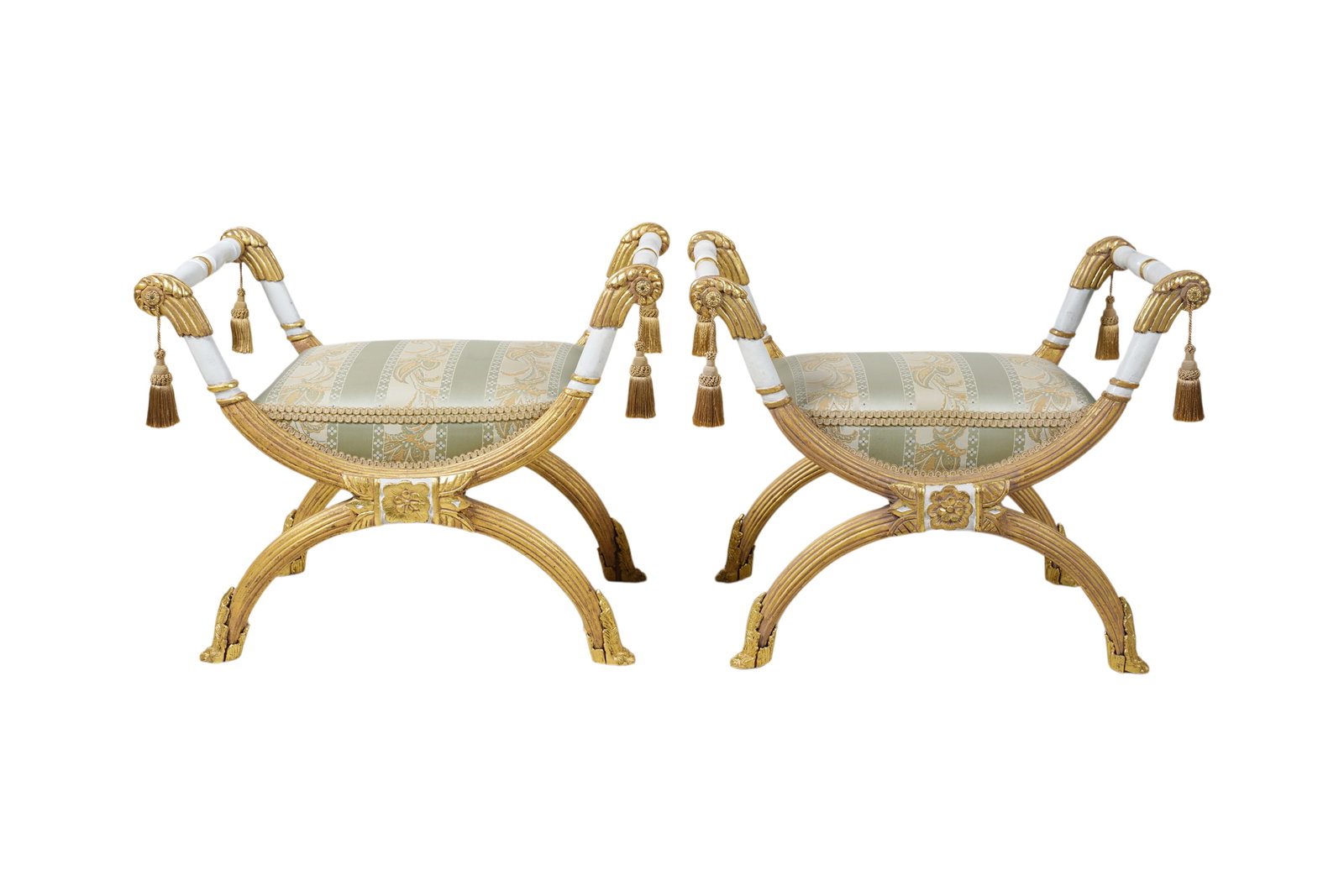 Pair of Neoclassical-Style Painted and Gilt Curule Stools: each 25 x 30 x 20 in.