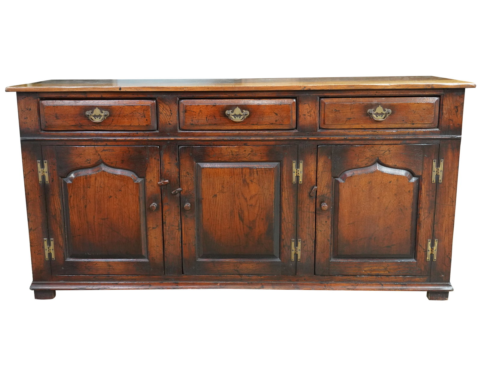 English Oak Sideboard: with three drawers over three doors, 33 x 6 1/2 x 21 in.