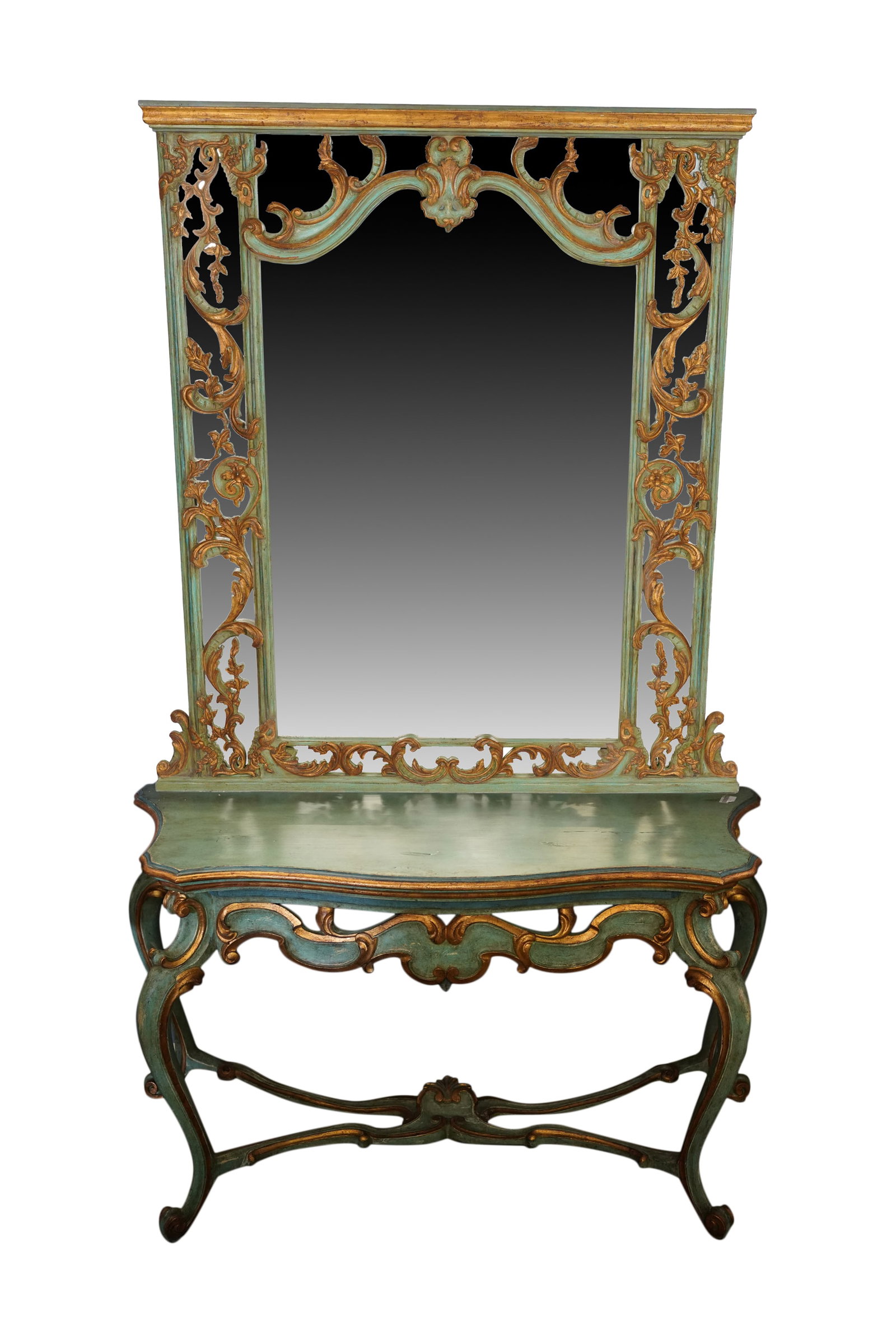 Venetian Rococo Style Trumeau Mirror and Console: Created by Judson Rothschild for the Rothschild Collection, 1996, "Jacqueline", overall: 92 1/2 x 58 1/2 x 23 in.